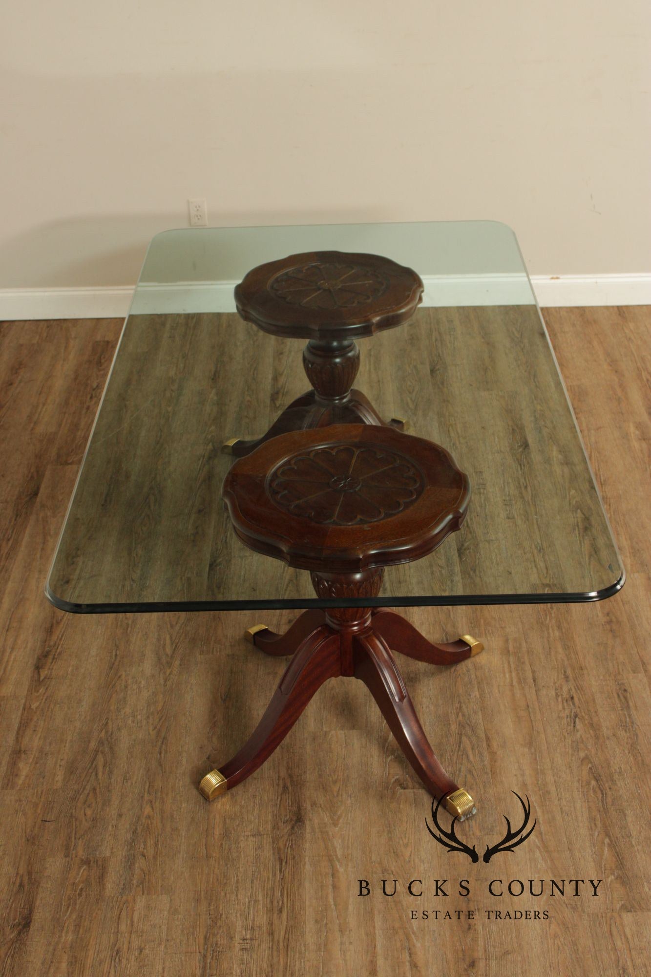 Georgian Style Mahogany Double Pedestal Glass Top Dining Table