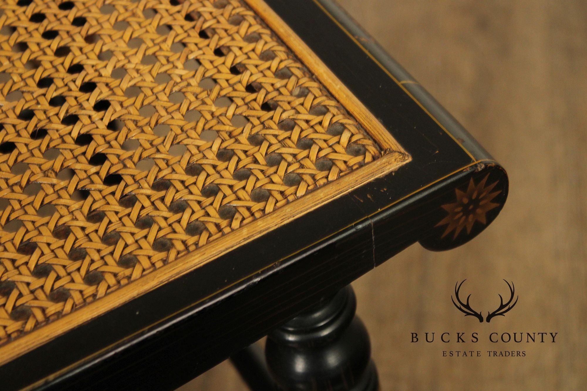 Pair Of L. Hitchcock Black And Gold Hand Stenciled Caned Benches