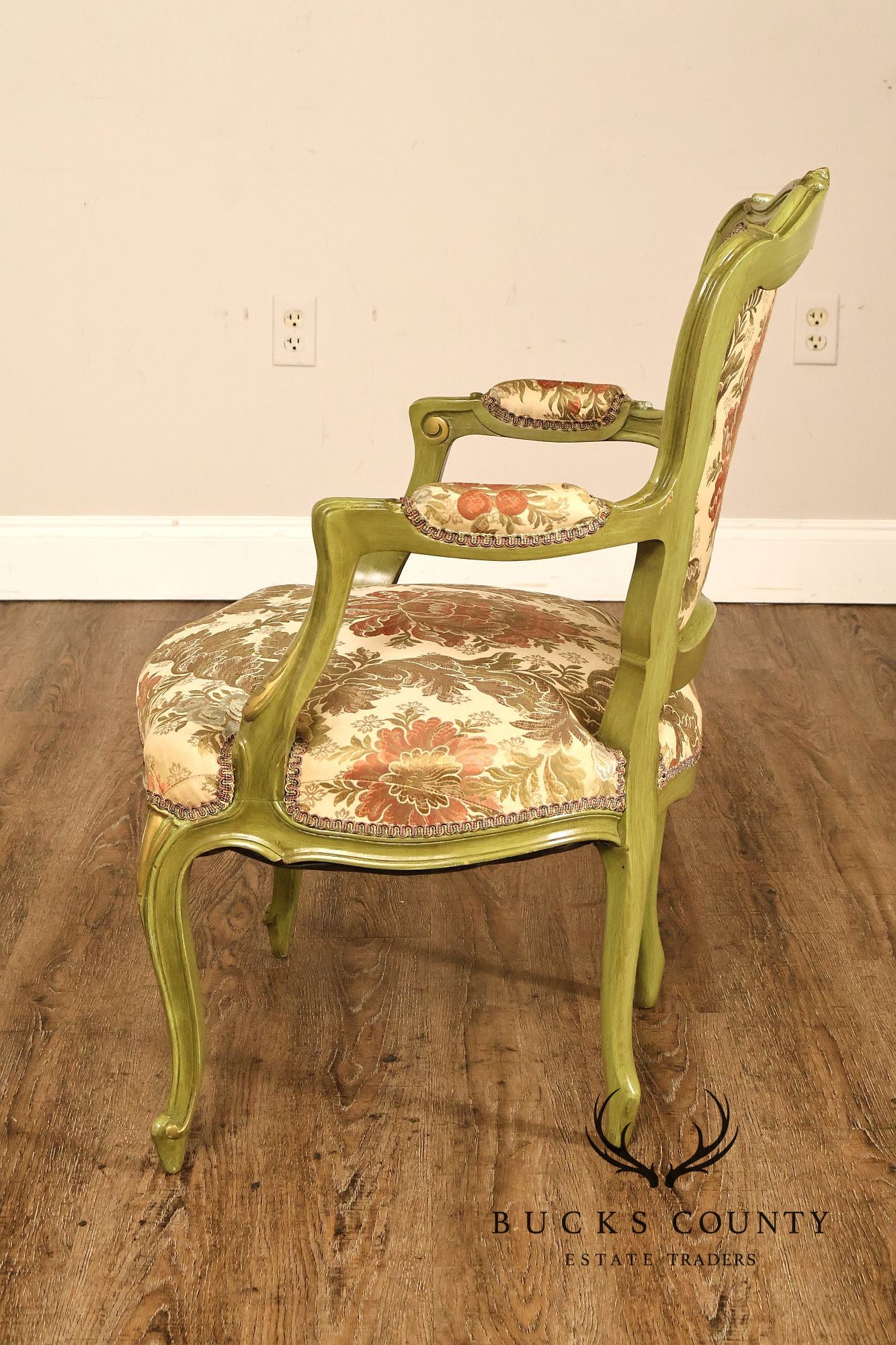 Vintage Louis XV Style Green Painted Floral Upholstered Armchair