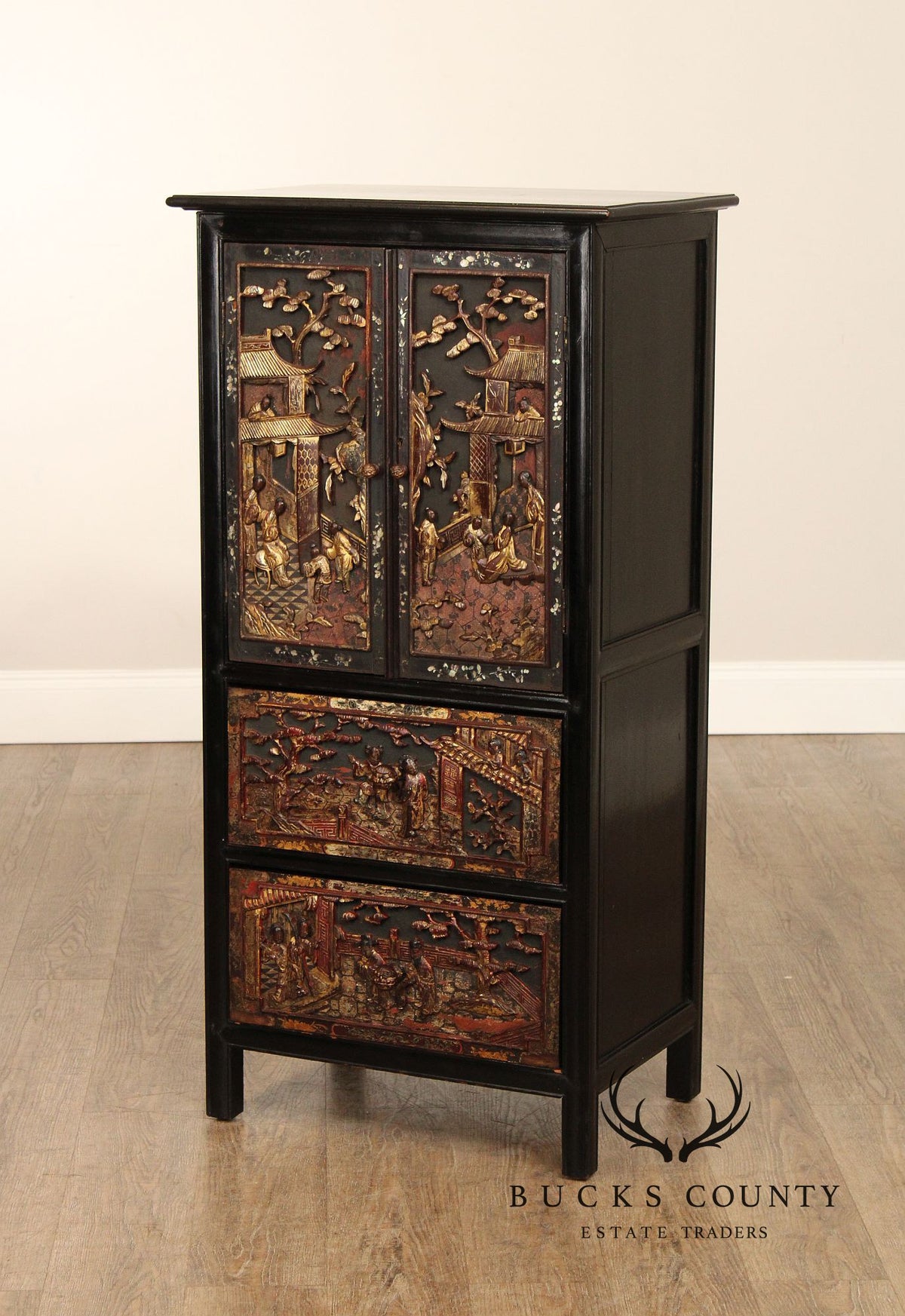 Chinese Export Style Carved Lacquer Cabinet