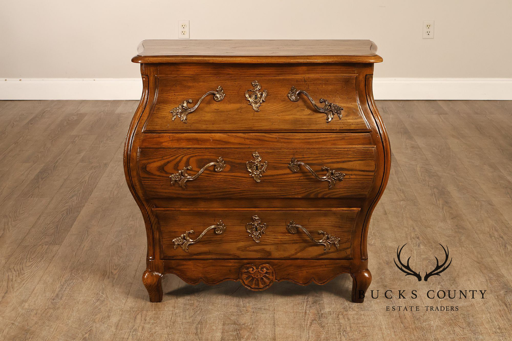 Baker Furniture French Provincial Carved Oak Bombay Chest Nightstands