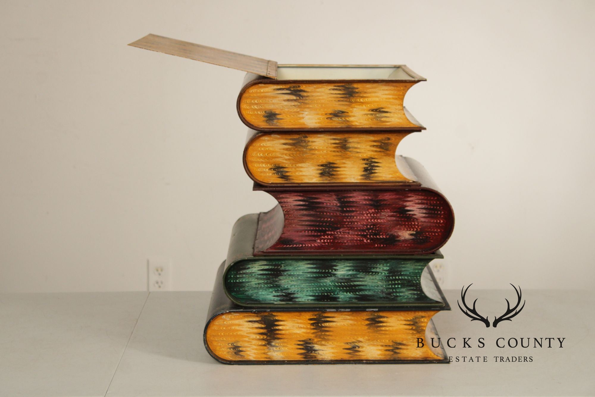 Vintage Italian Tole Wear Faux Stacked Book Side Table