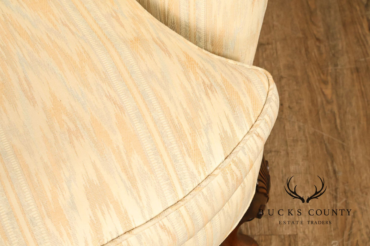 Traditional Upholstered Pair Of Wingback Armchairs With Carved Cabriole Legs