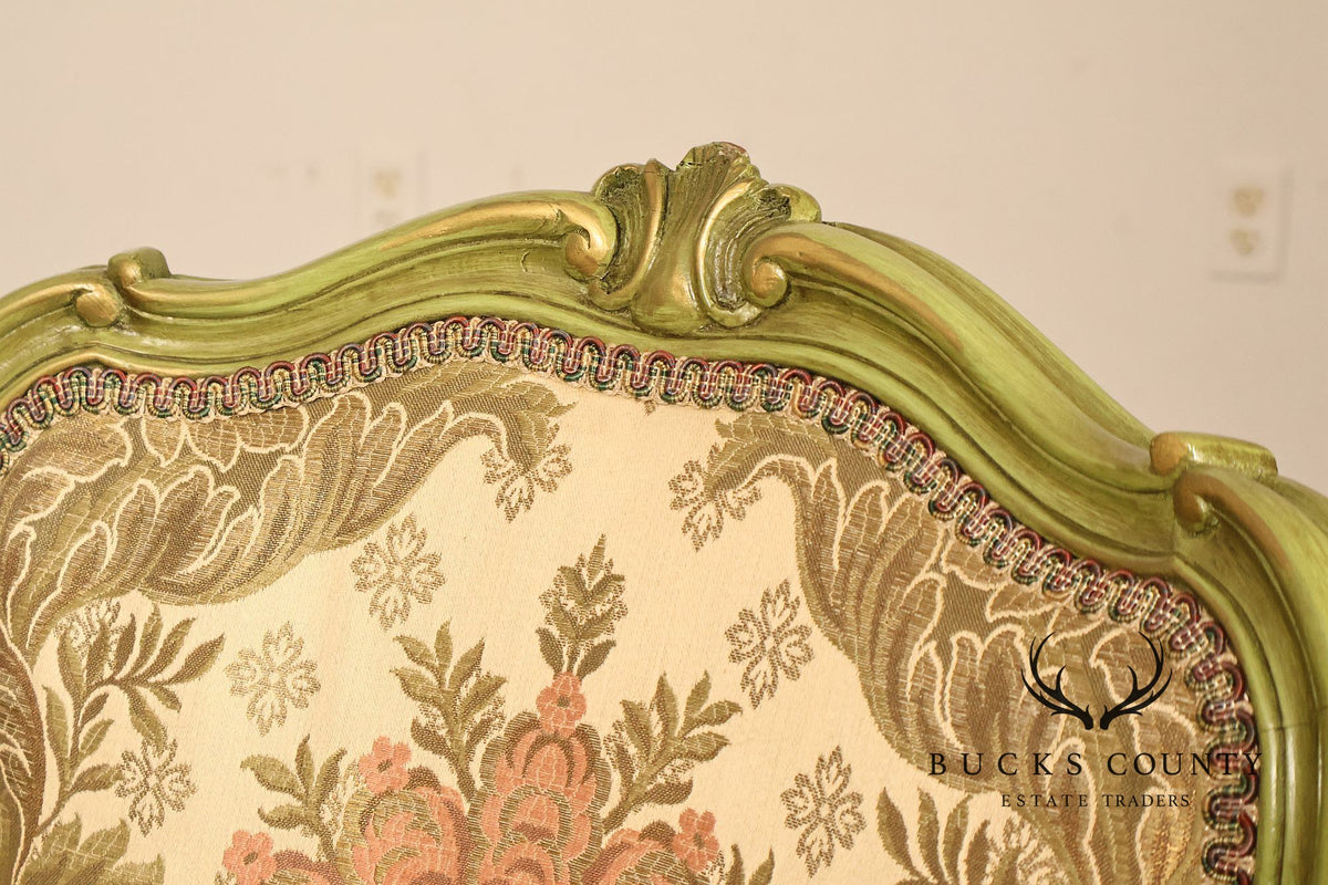 Vintage Louis XV Style Green Painted Floral Upholstered Armchair