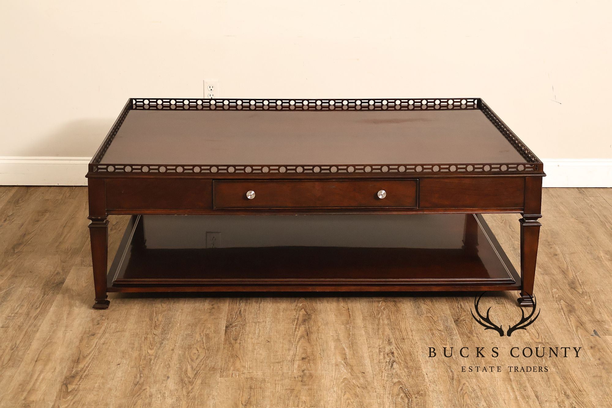 Century Furniture Large Mahogany Two Drawer Gallery Top Rectangular Cocktail Coffee Table