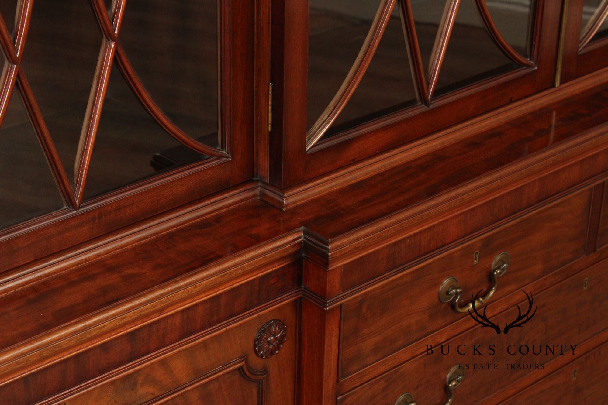 Regency Style Mahogany Breakfront Bookcase Cabinet