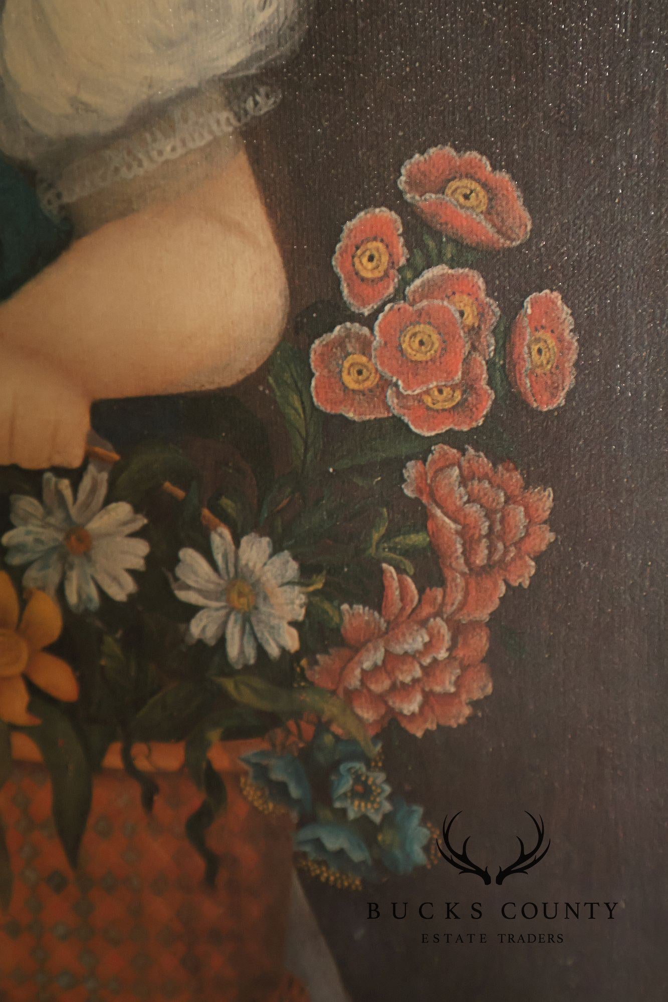 Framed Girl With Basket Of Flowers Print After An American Folk Portrait