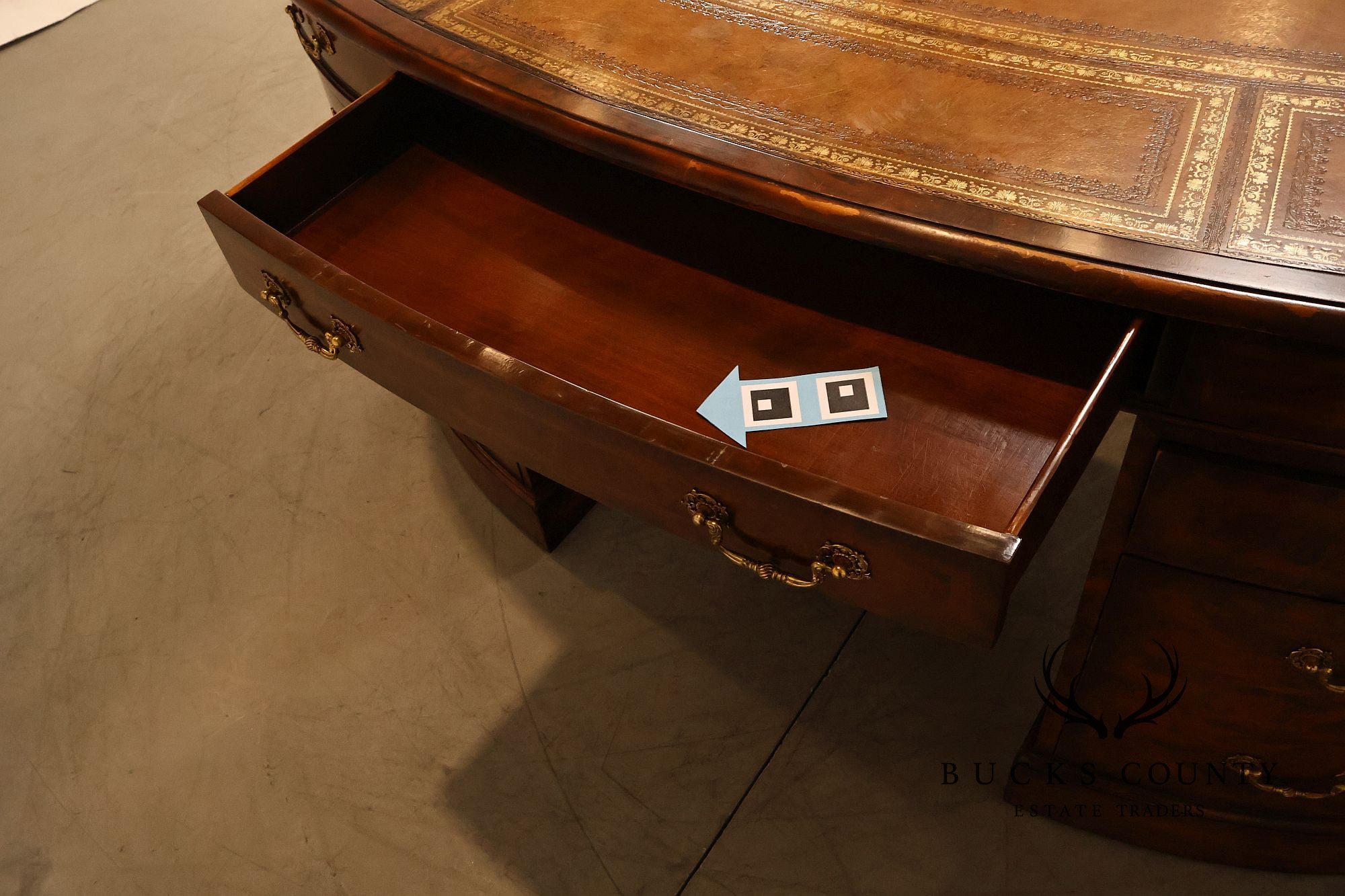Maitland-Smith Oval Burl Wood Leather Top Partner Desk with Brass Hardware