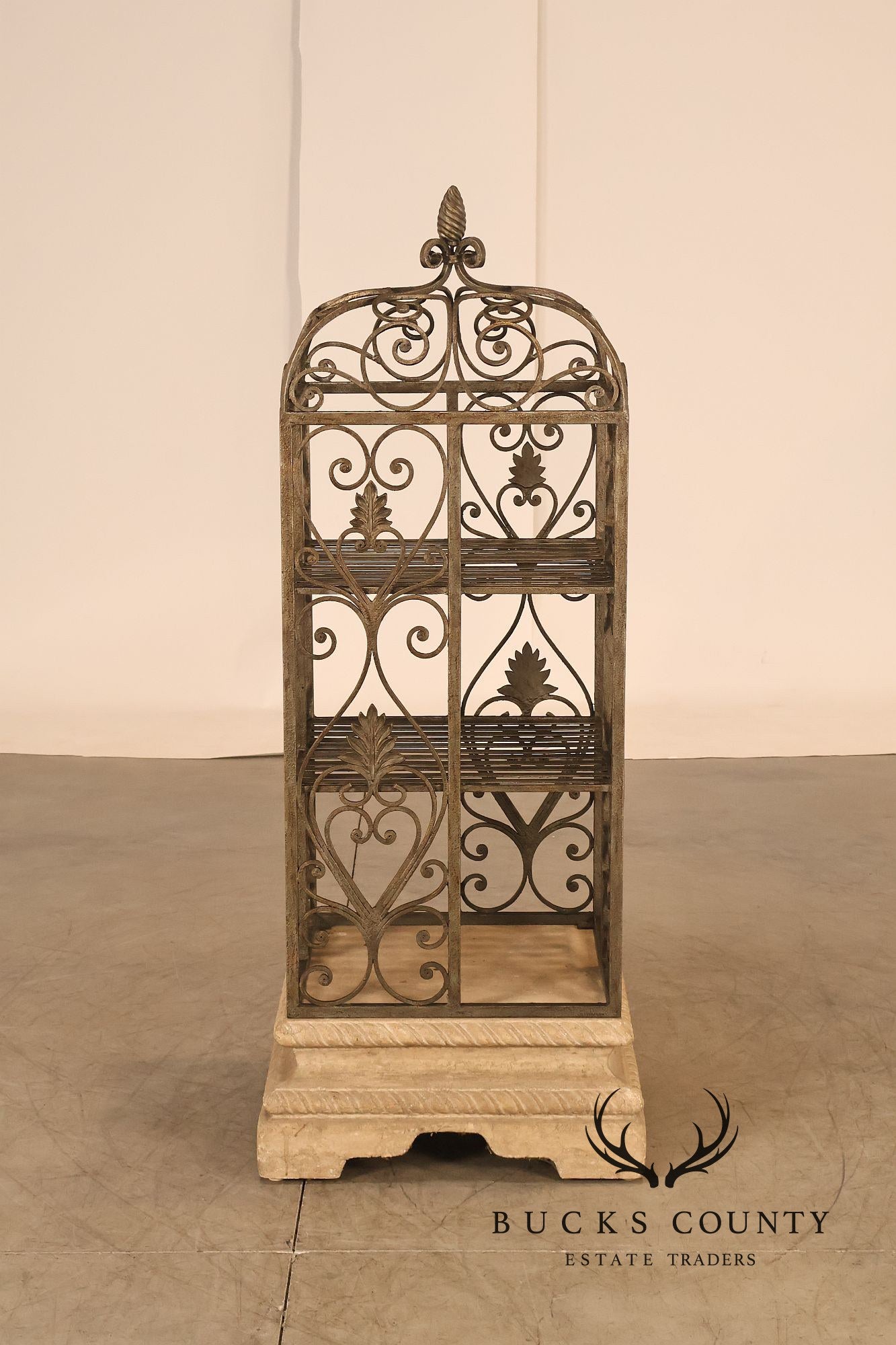French Baroque Style Wrought Iron Scrollwork Birdcage Etagere Display Shelf