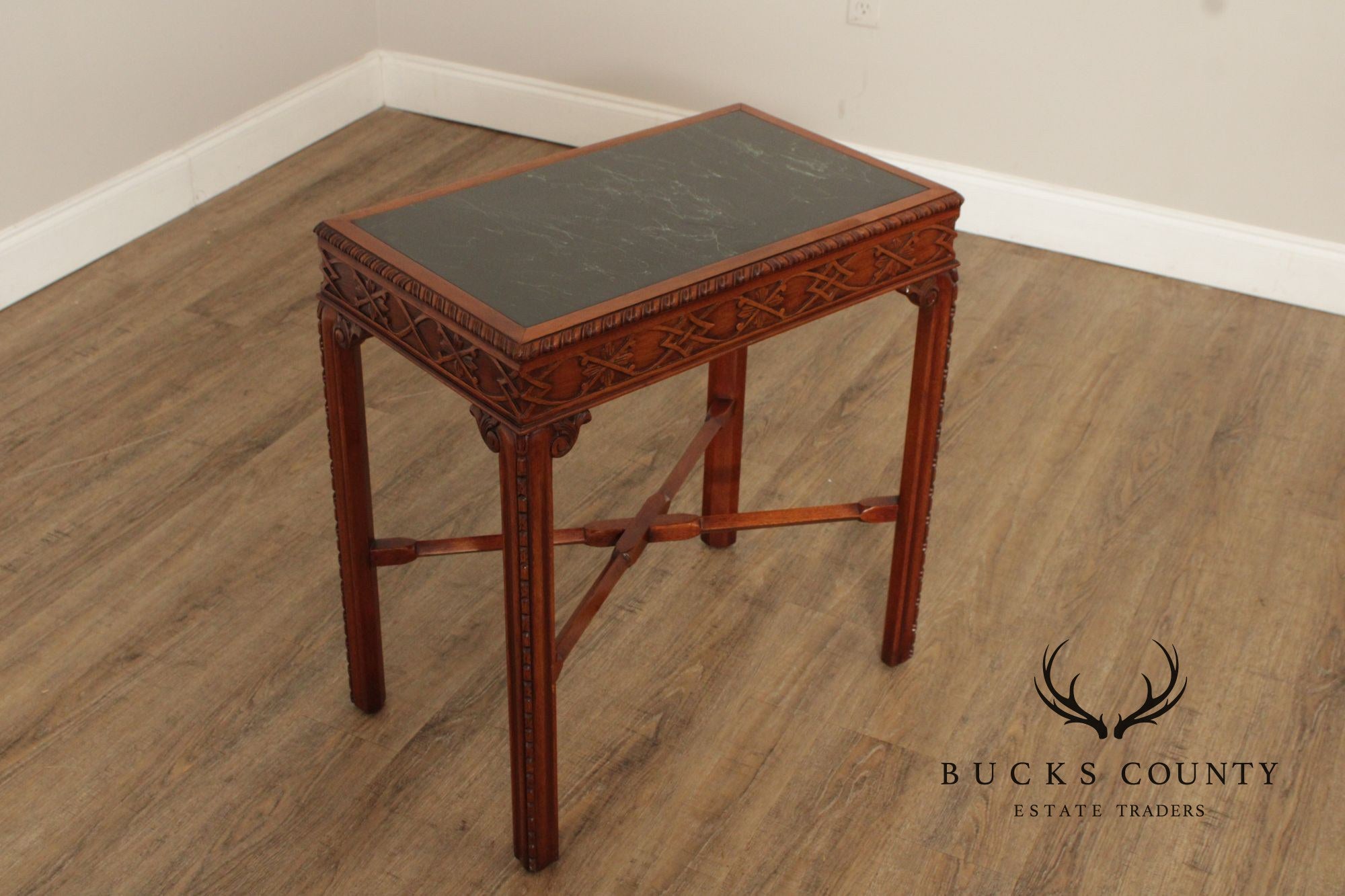 Chinese Chippendale Style Marble Top Mahogany Accent Table