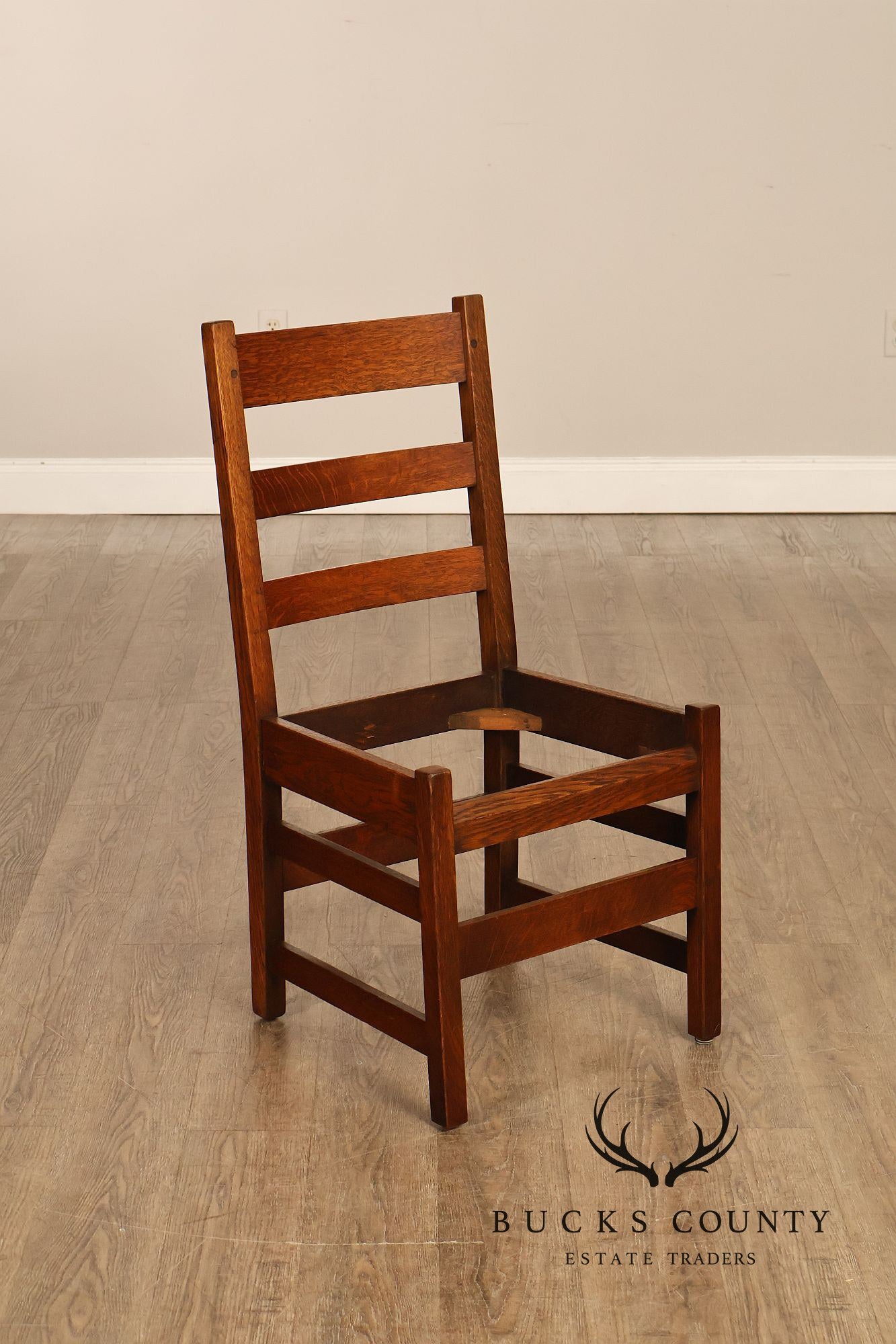 Antique L. & J. G. Stickley Set Of Four Oak Ladder Back Dining Chairs #800