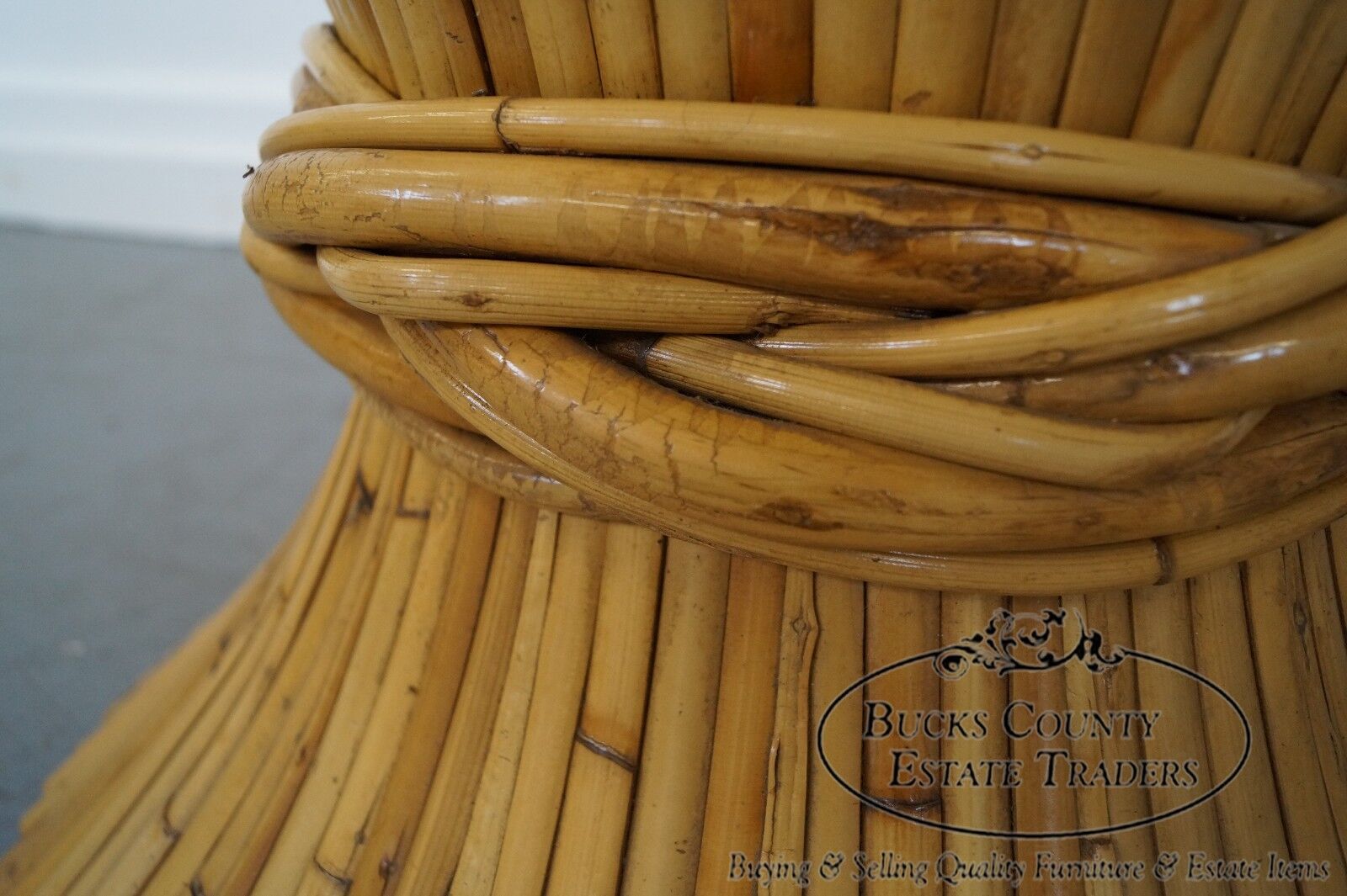 McGuire Sheaf of Wheat Bamboo Rattan Round Glass Top Coffee Table