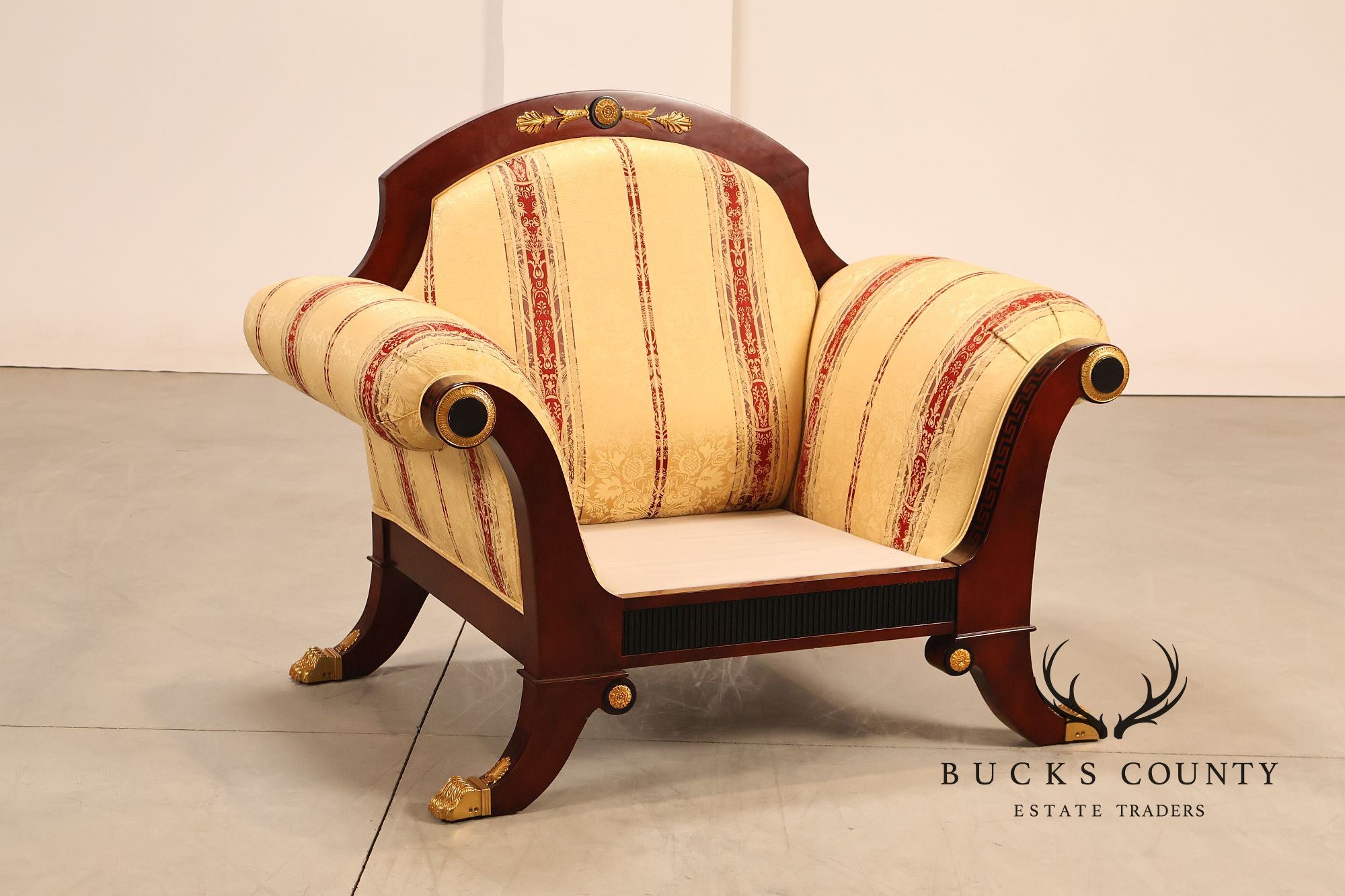 Empire Neoclassical Style Mahogany Upholstered Armchair With Gilt Bronze Accents