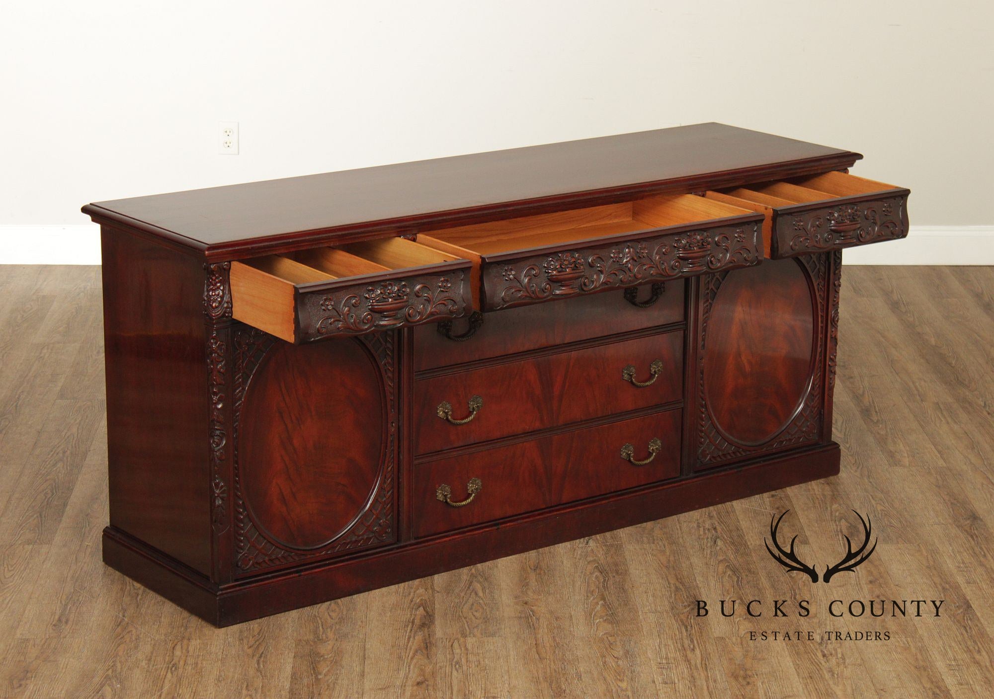 1940's Vintage Georgian Style Carved Mahogany Sideboard Buffet