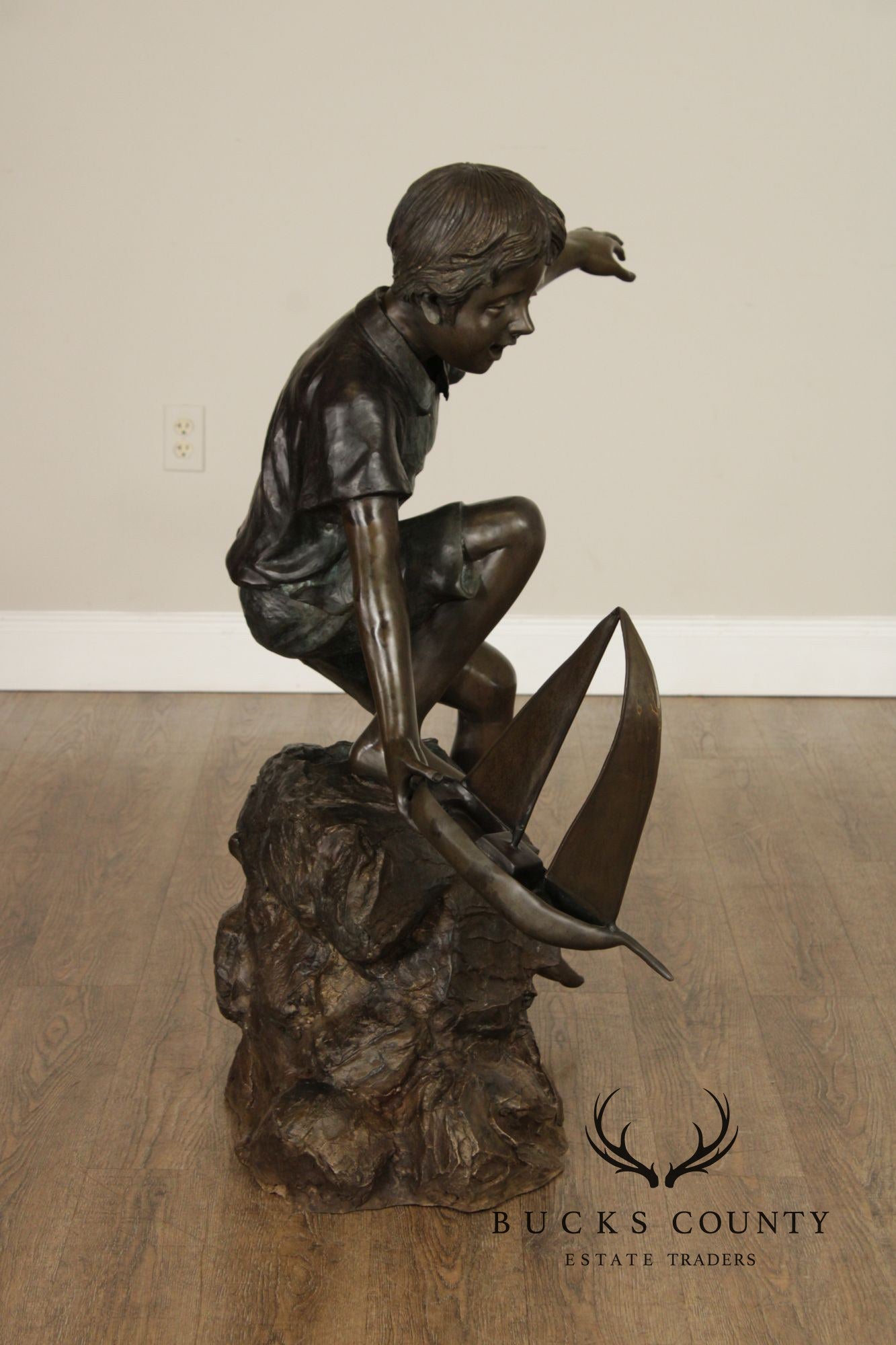 Bronze Life Size Garden Statue Of Boy With Sail Boat