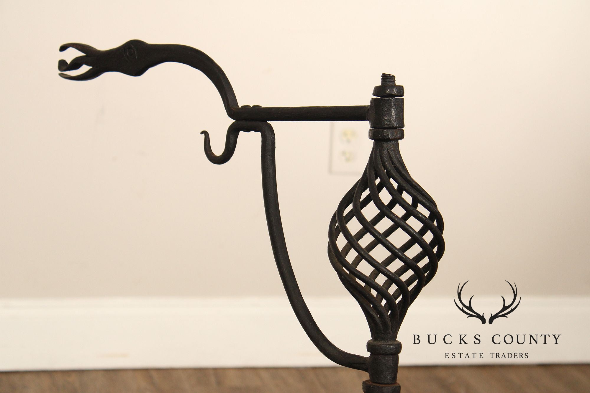 Arts & Crafts Pair of Scrolling Wrought Iron Andirons