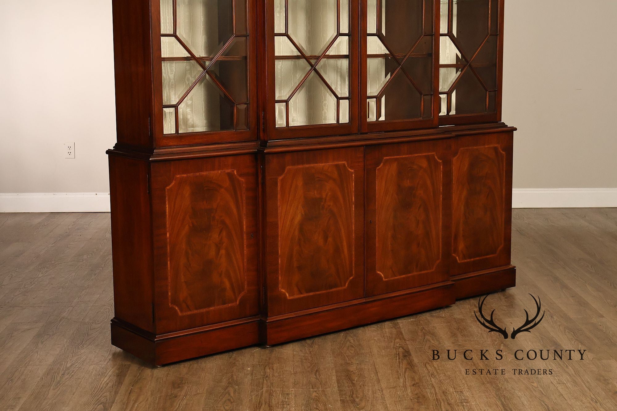 Karges English Style Mahogany Breakfront China Cabinet Display Bookcase with Carved Pediment and Silk Backing