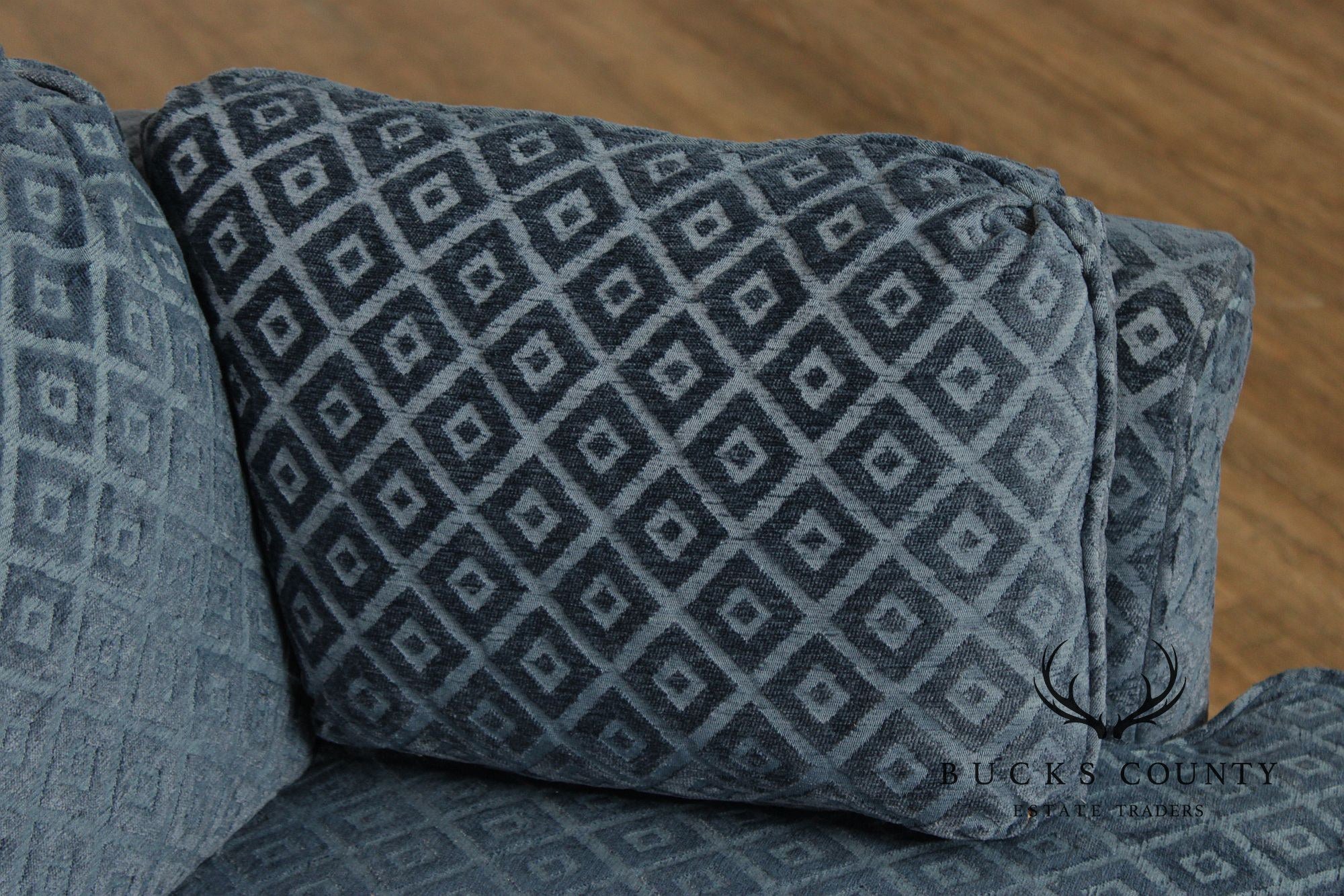 Custom Upholstered Blue Diamond Pattern Curved Loveseat