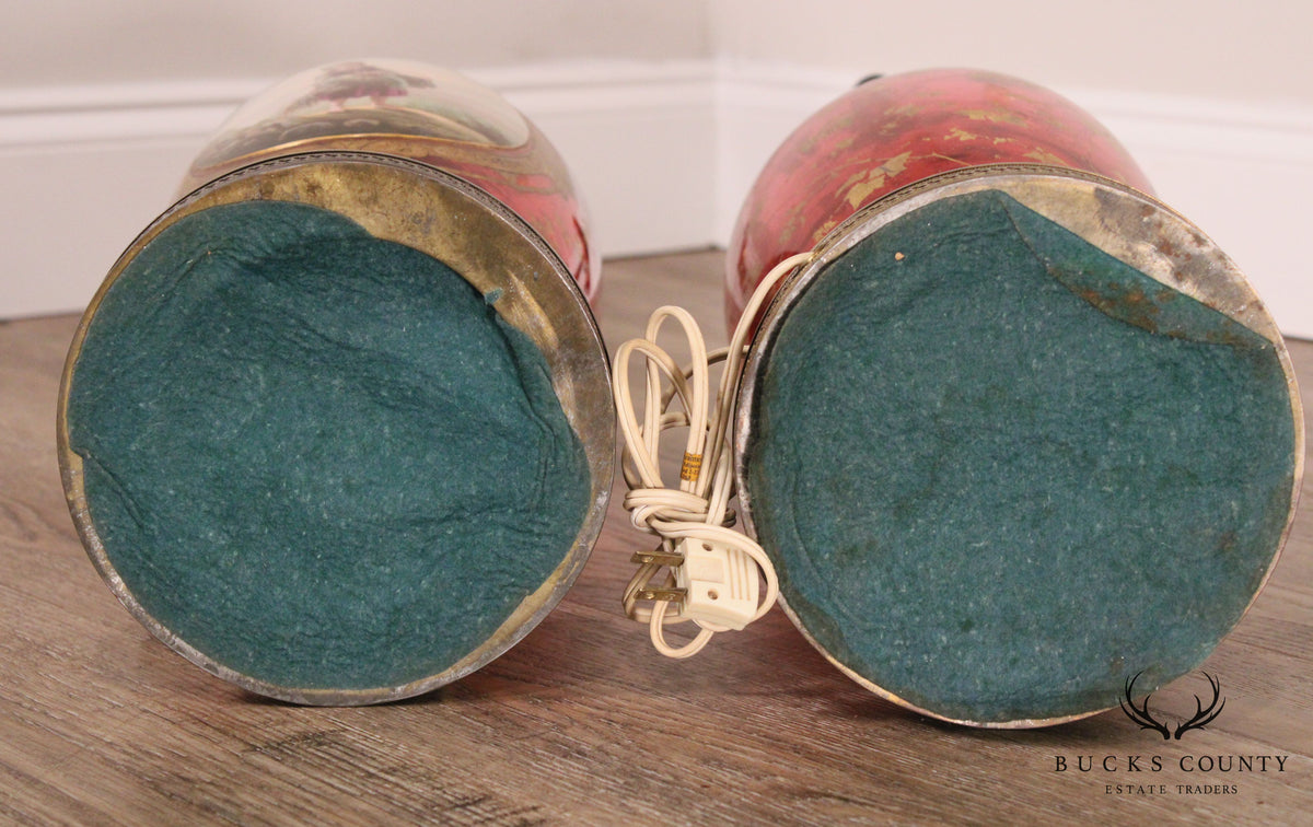 Pair Large Bohemian Red Glass Vase Lamps Overlaid with Gilt Ivy and Decoration