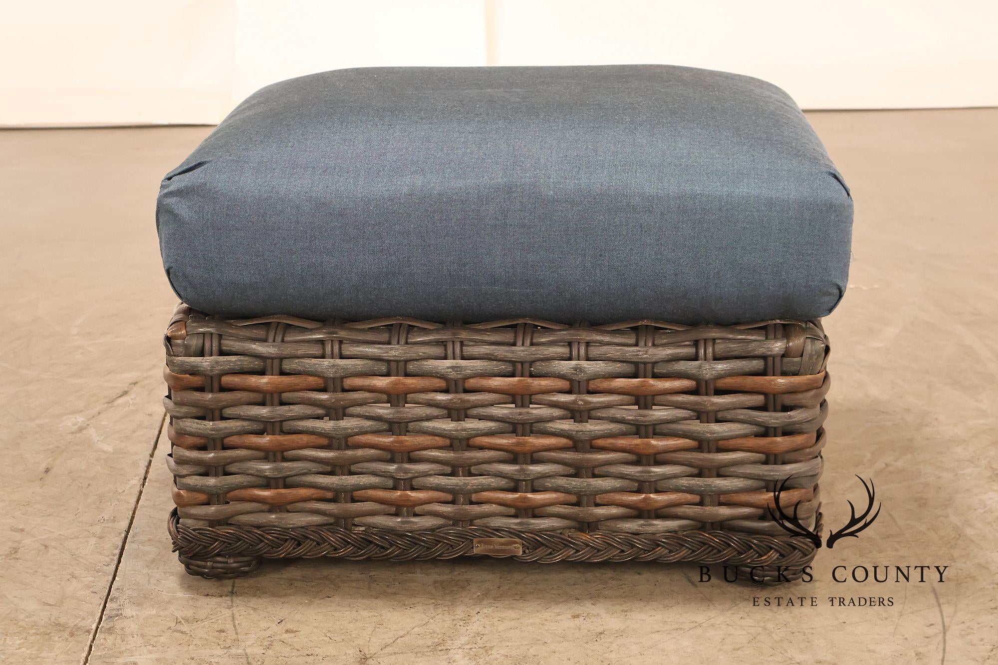 Lane Venture WeatherMaster Pair Of Woven Wicker Outdoor Ottomans With Blue Cushions