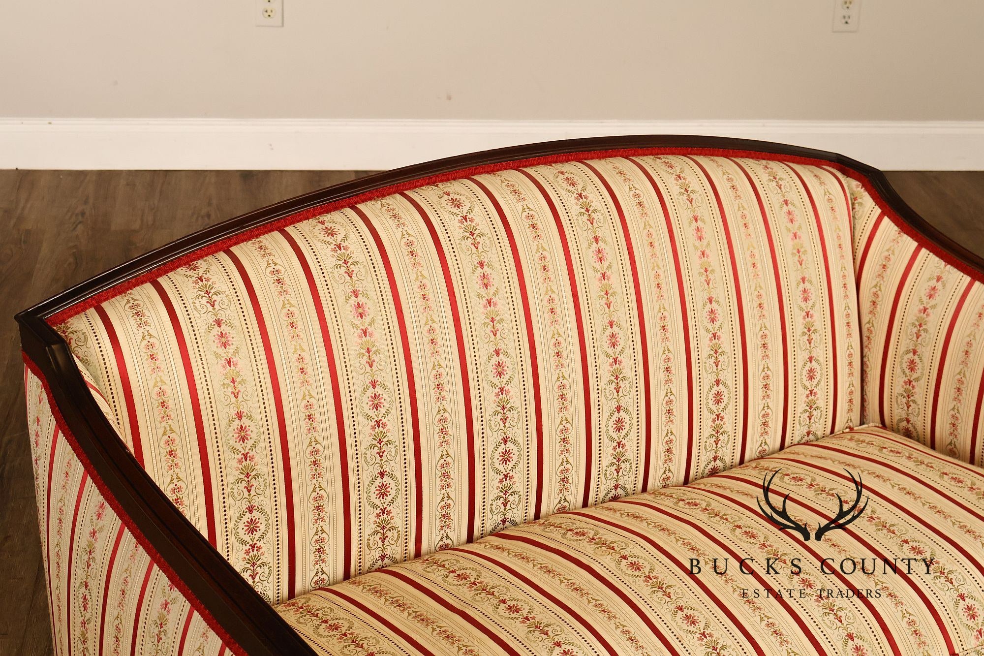 Vintage Sheraton Style Mahogany Inlaid Upholstered Loveseat