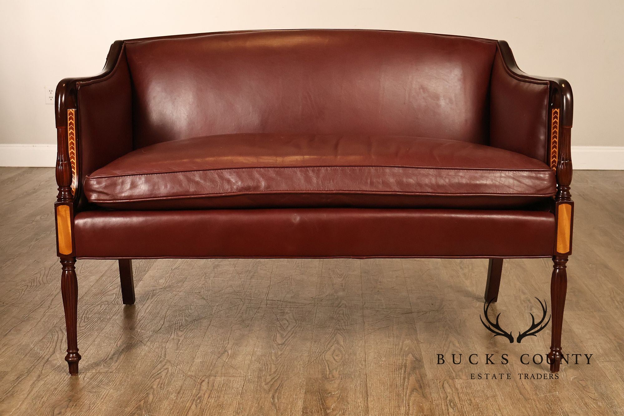 Hancock & Moore Sheraton Style Inlaid Mahogany Leather Settee