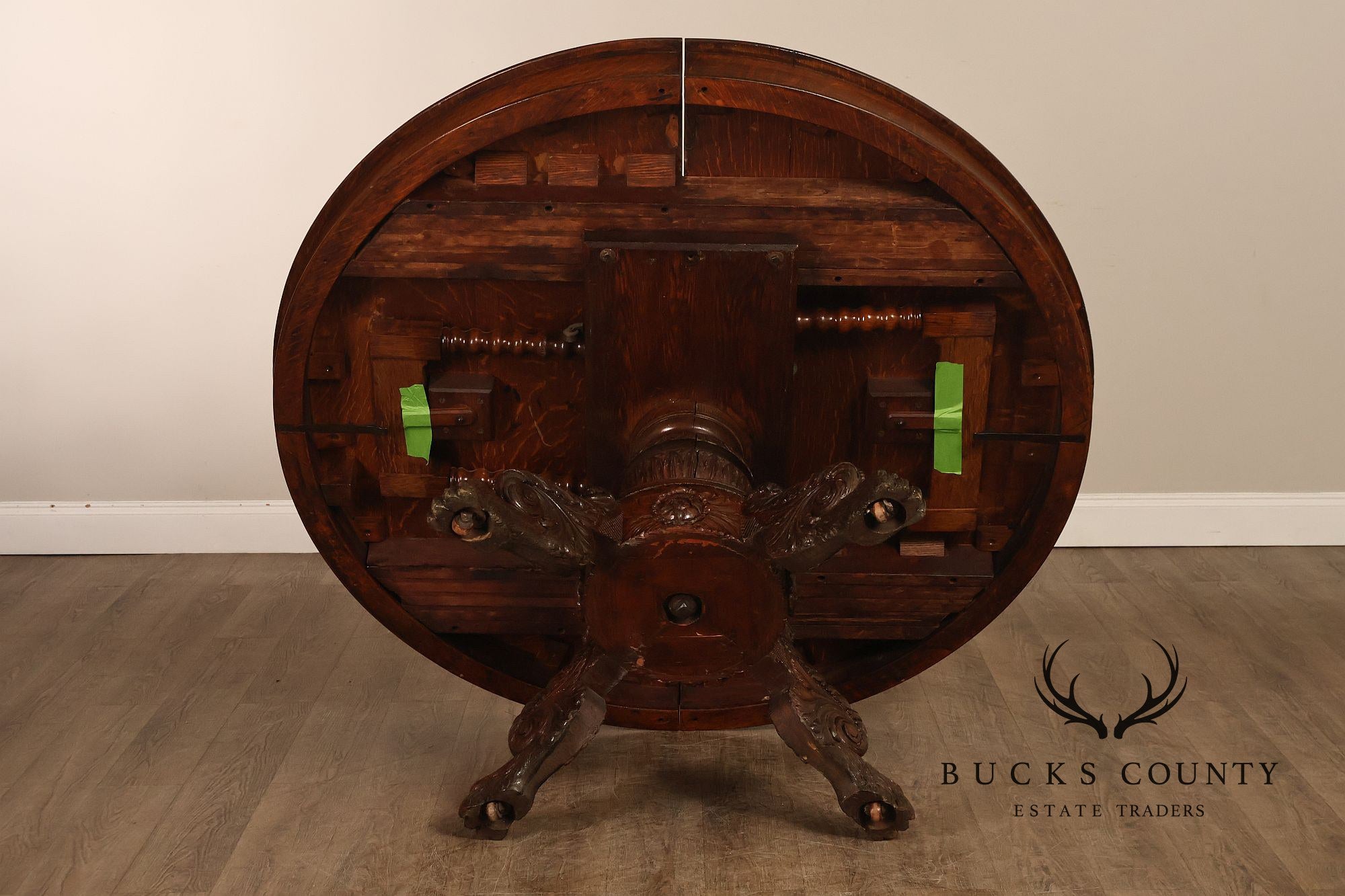 Antique 57 inch Round Oak Pedestal Dining Table With Carved Claw Feet
