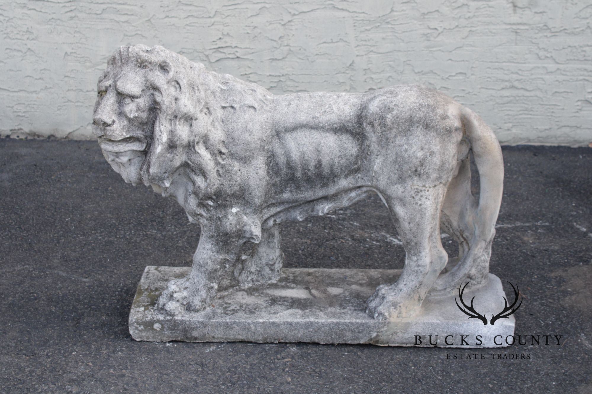 Vintage Pair Of Cast Stone Standing Lion Garden Statues
