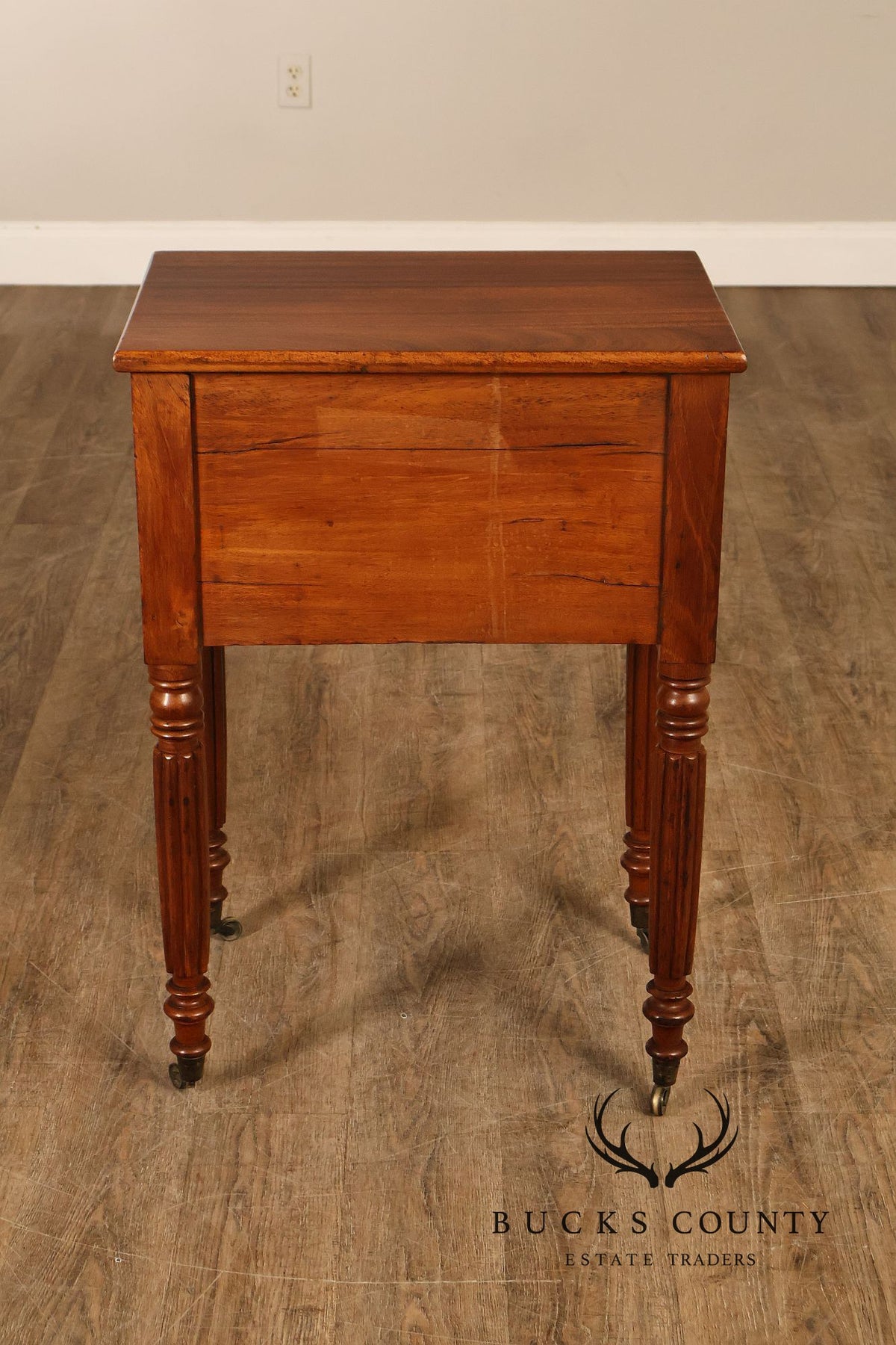 Antique American Sheraton Mahogany Two Drawer Work Table On Casters