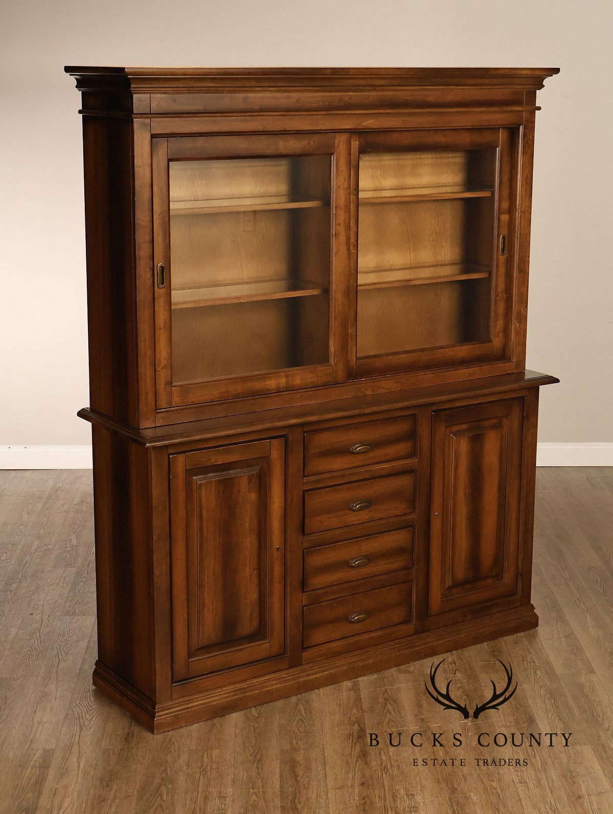 Arhaus Tuscan Italian Walnut Buffet With Sliding Glass Door Hutch