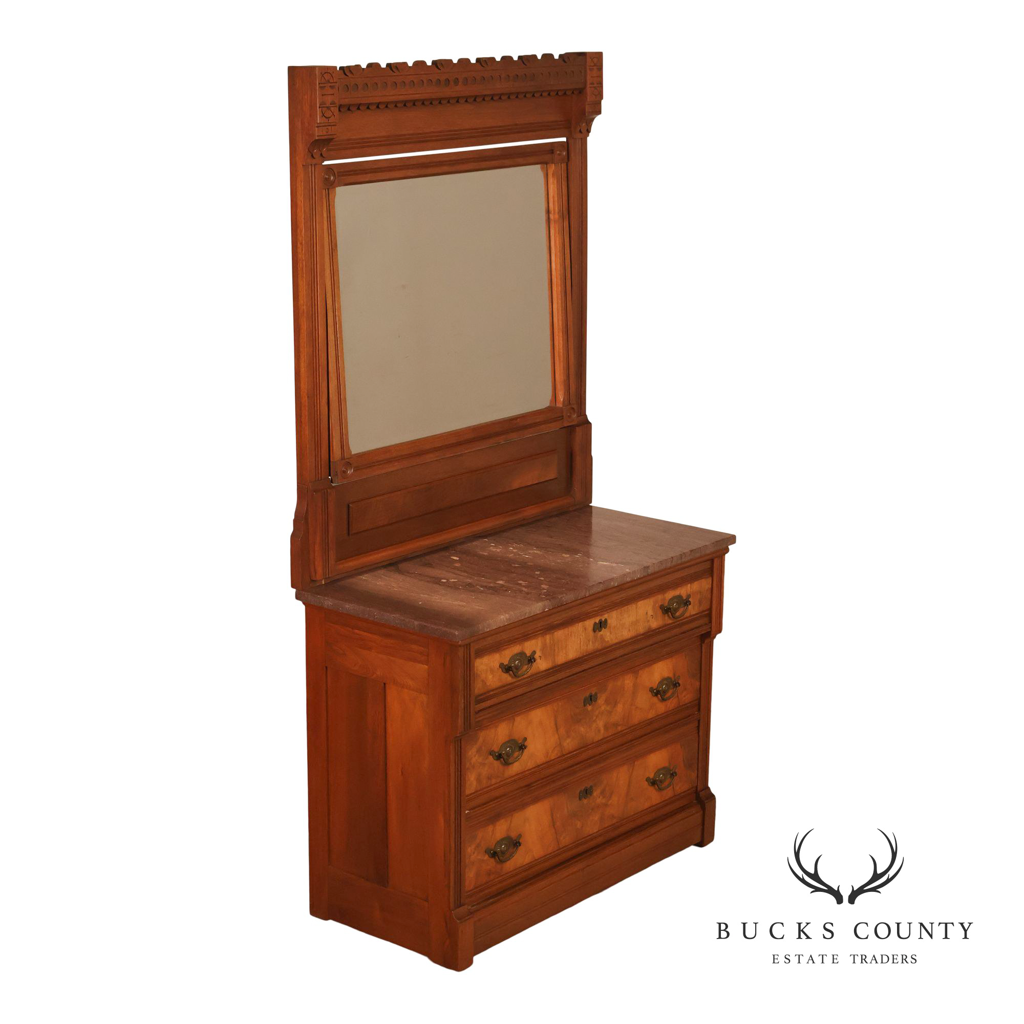 Antique Victorian Eastlake Walnut Marble Top Dresser With Mirror