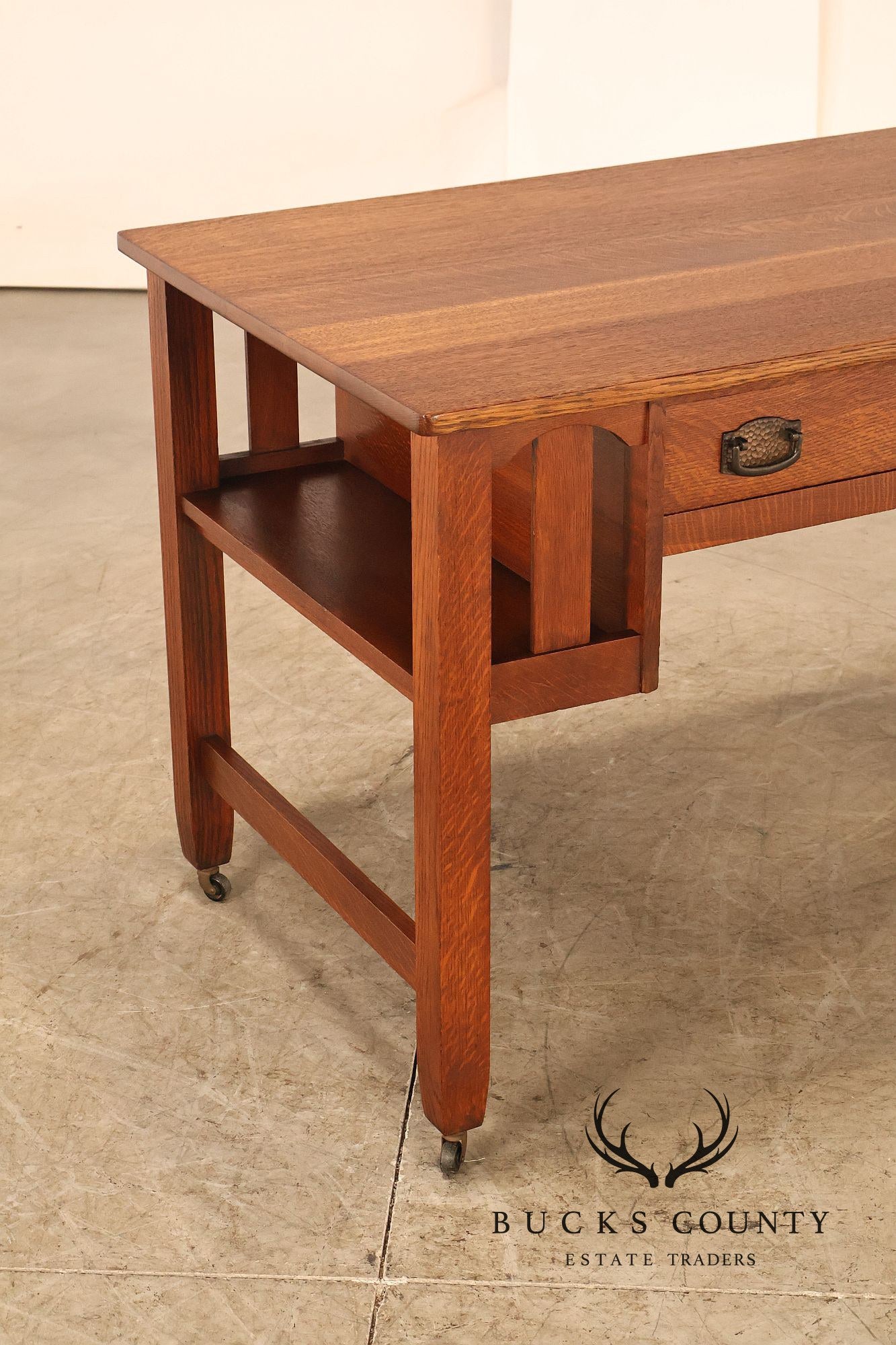 Antique Arts And Crafts Mission Oak Writing Desk With Built-In Side Bookcases