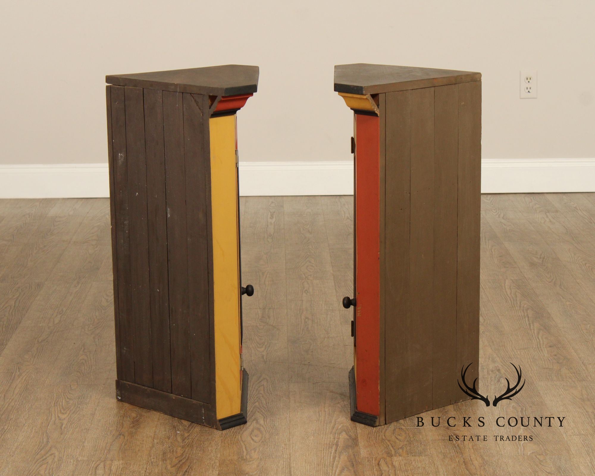 Pair Of Handcrafted Folk Art Painted Pine Corner Cabinets