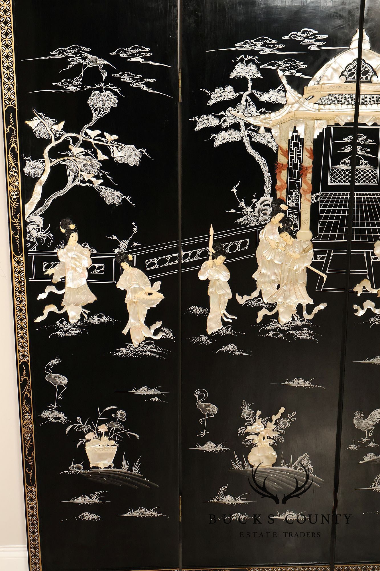 Asian Black Lacquer Vintage Pair Of Four Panel Folding Screens With Mother Of Pearl Inlay