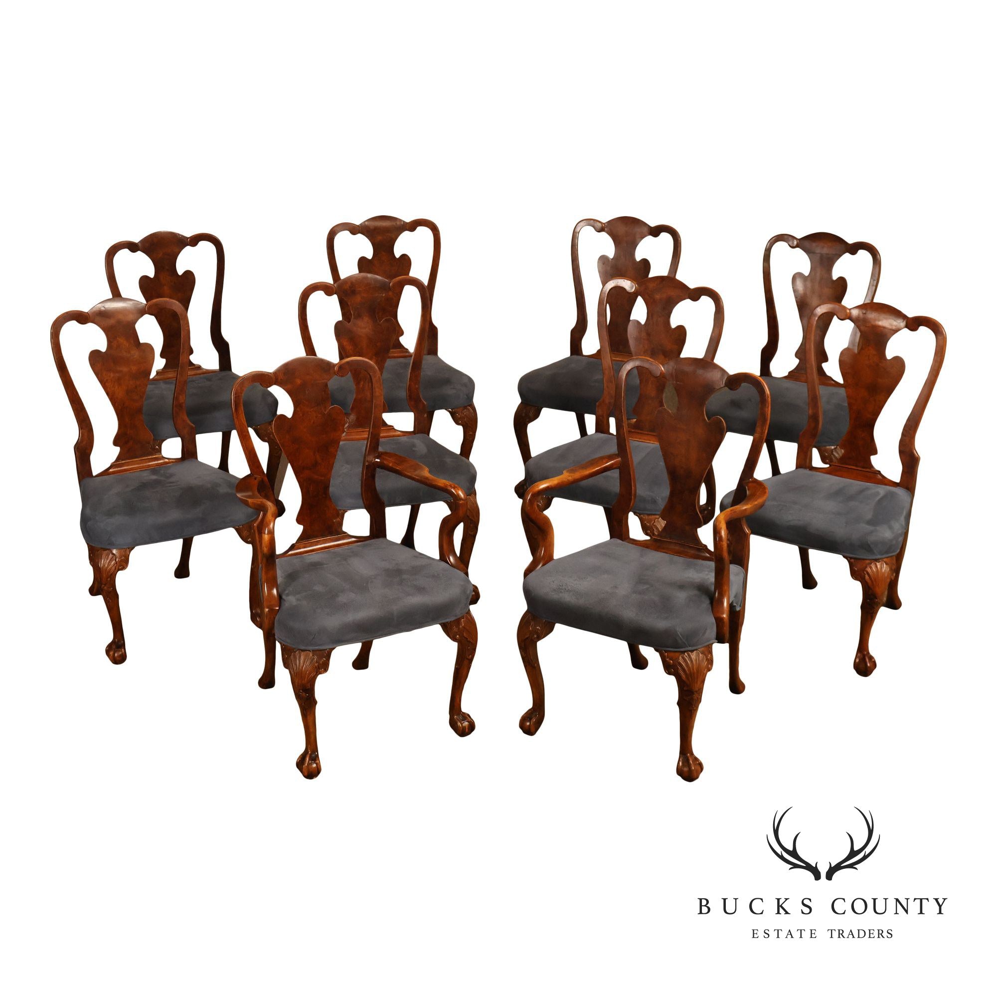 Georgian Style Set of Ten Carved Burlwood Dining Chairs