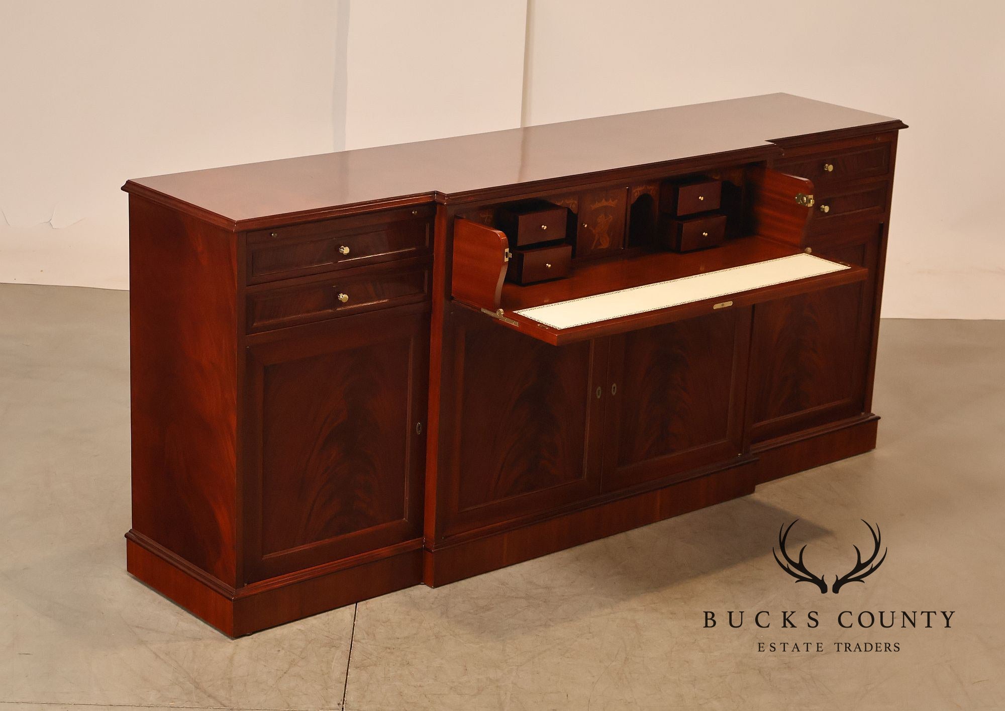 Flame Mahogany Breakfront Buffet Sideboard with Drop Front Secretary Desk