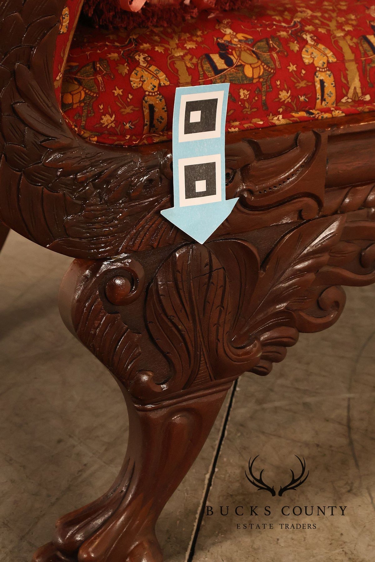 Antique American Empire Carved Mahogany Sofa With Scrolled Arms And Lion Paw Feet