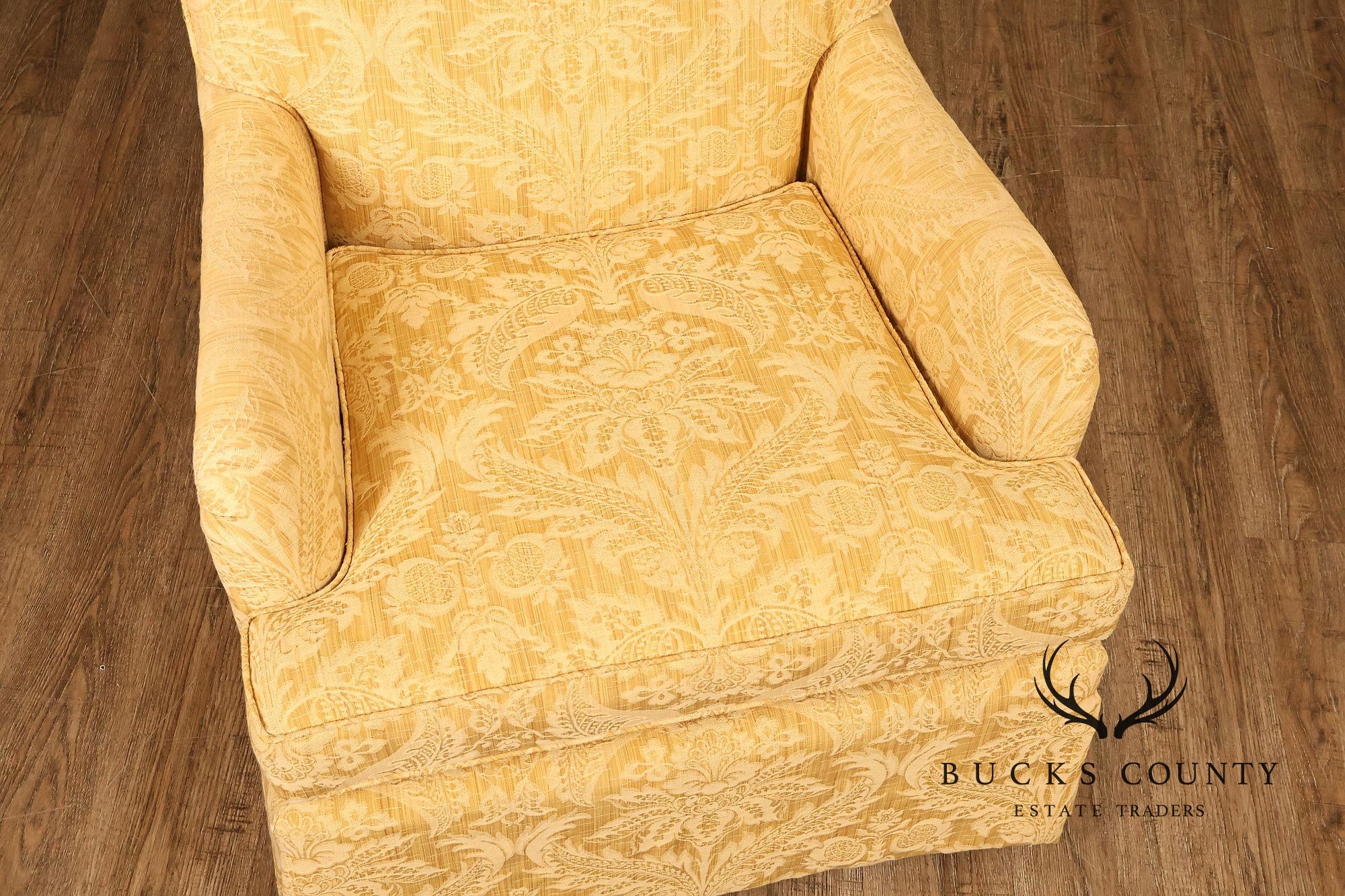 Custom Pair Of Skirted Damask Upholstered Lounge Chairs