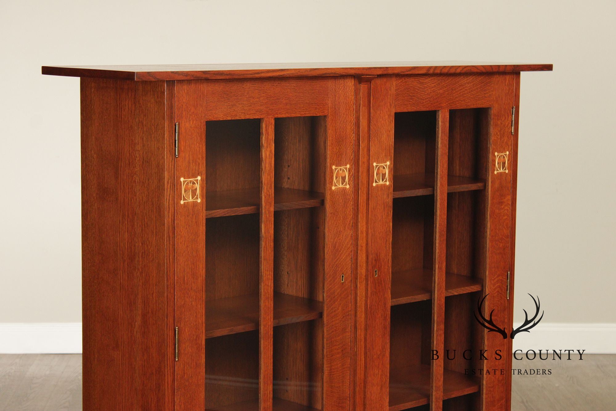 Stickley Mission Collection Oak Two Door Bookcase Harvey Ellis Inlaid Oak 2 Door Bookcase