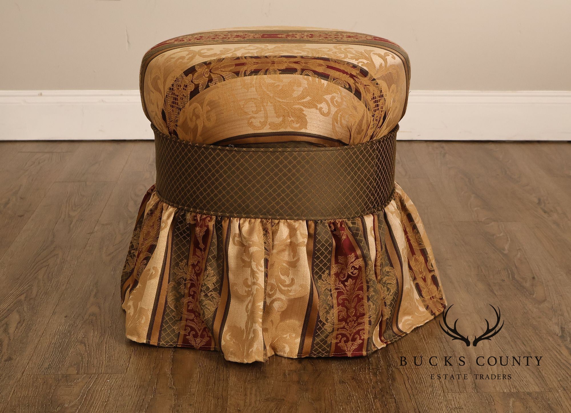Pair Of Traditional Upholstered Skirted Round Ottomans