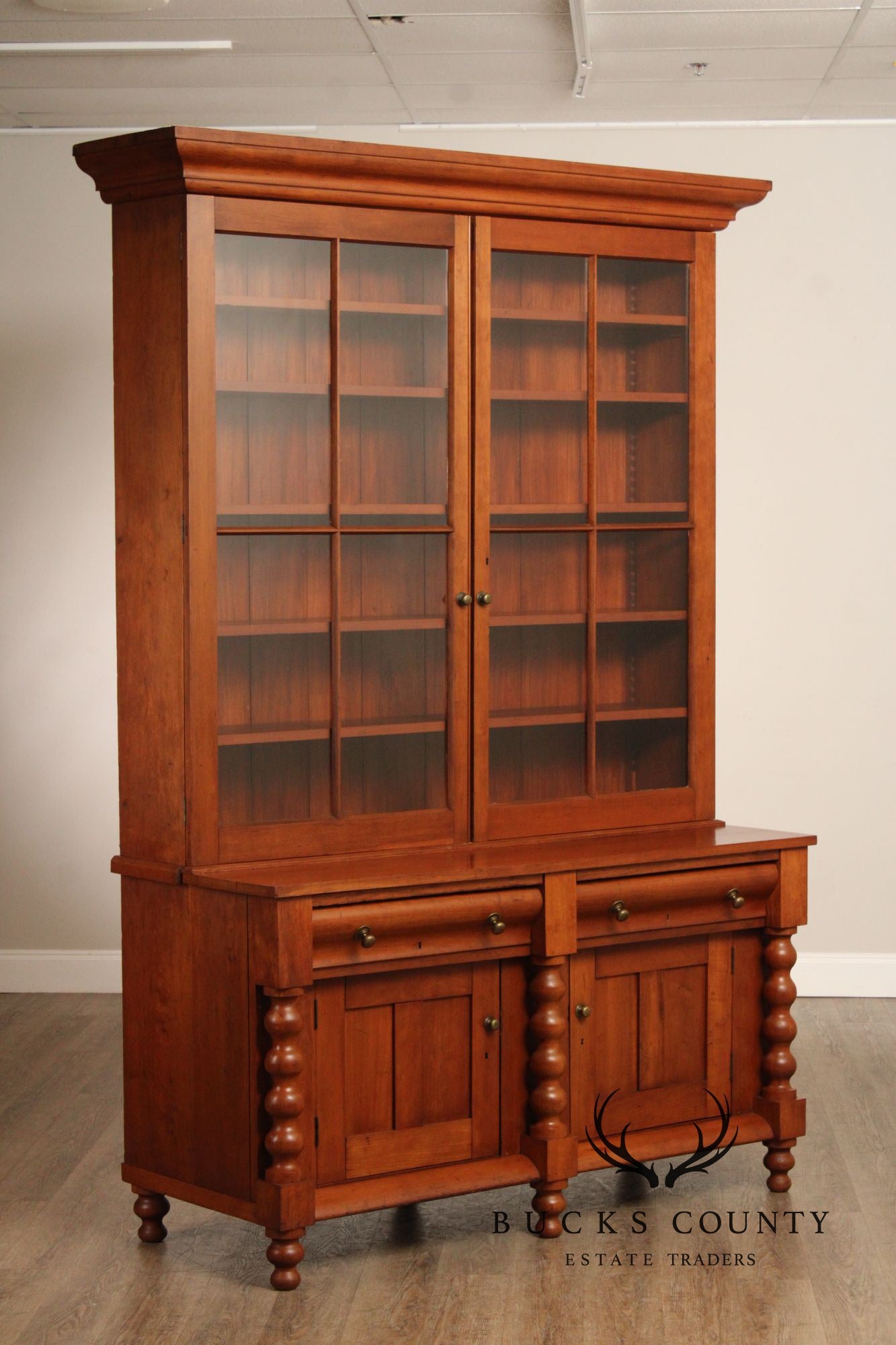 Antique American Empire Large Cherry Stepback Bookcase