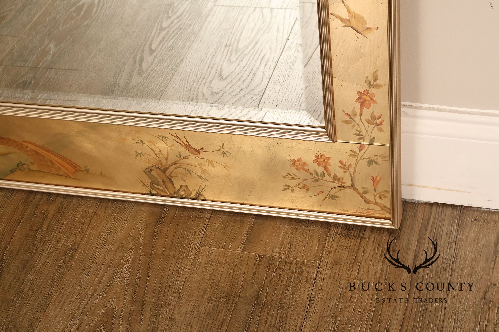 LaBarge Chinoiserie Eglomise Brass Wall Mirror