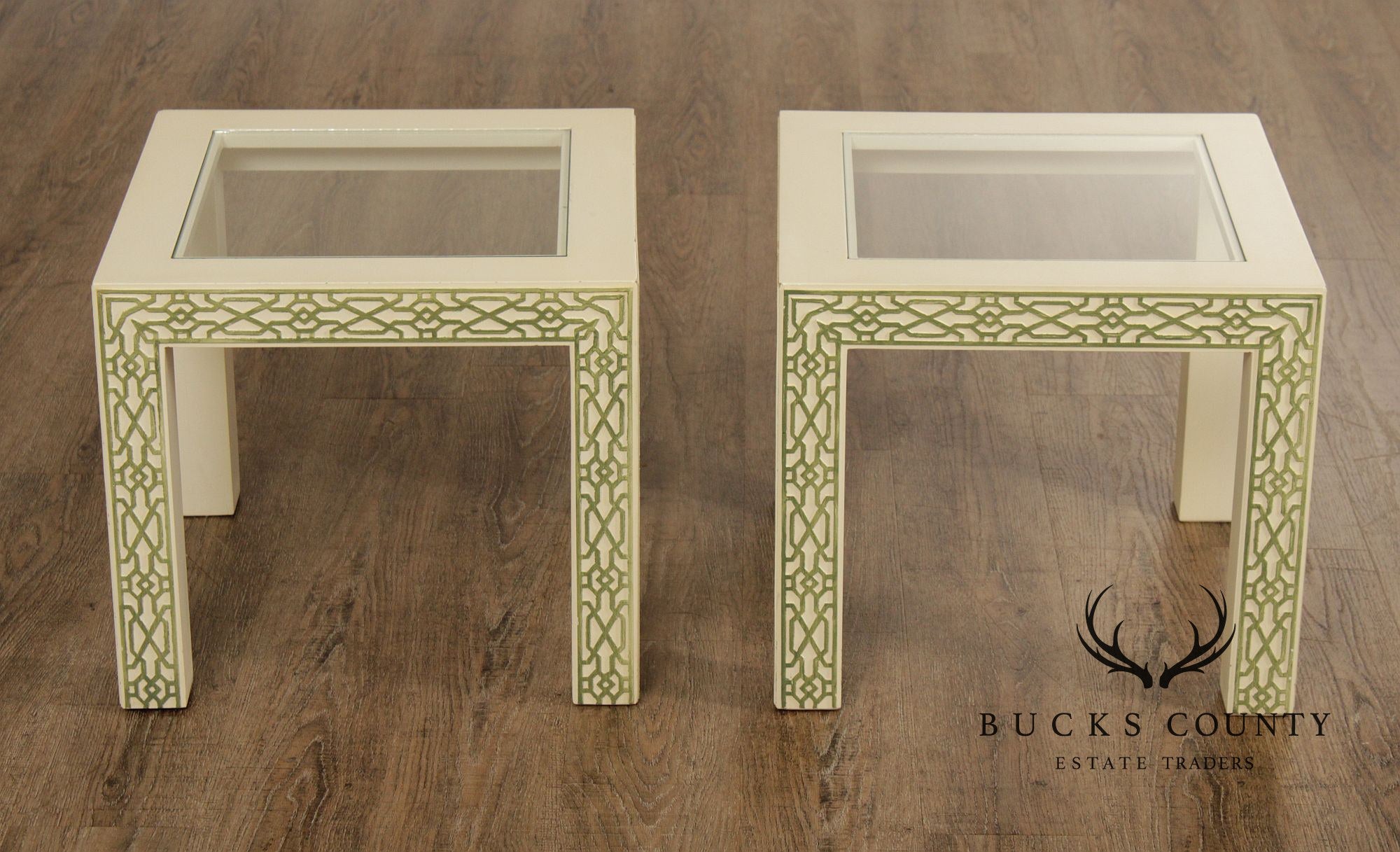 Hollywood Regency Pair Of Lacquered Greek Key Glass Top End Tables