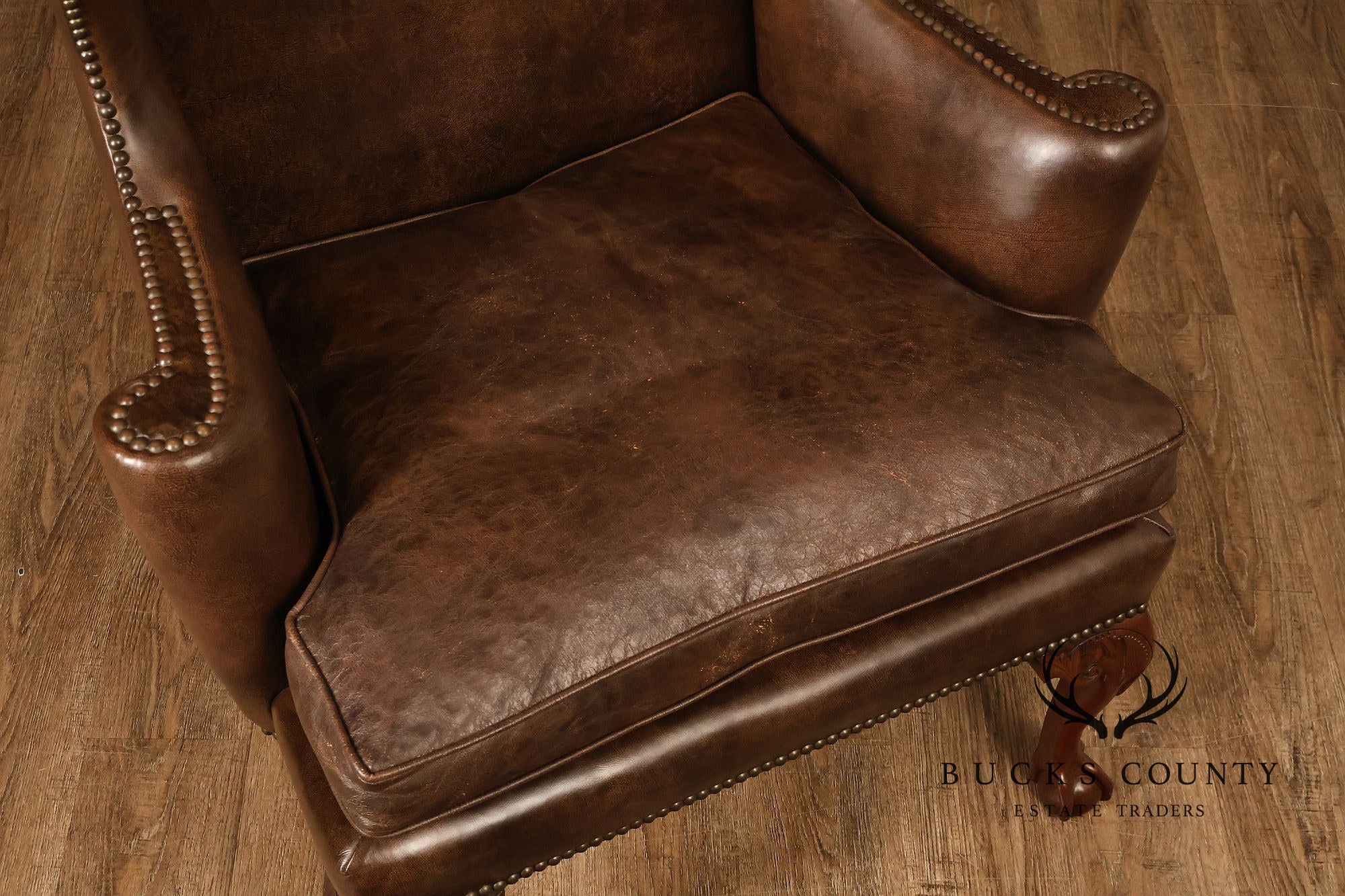 Kittinger Colonial Williamsburg Chippendale Style Pair Leather Wing Chairs