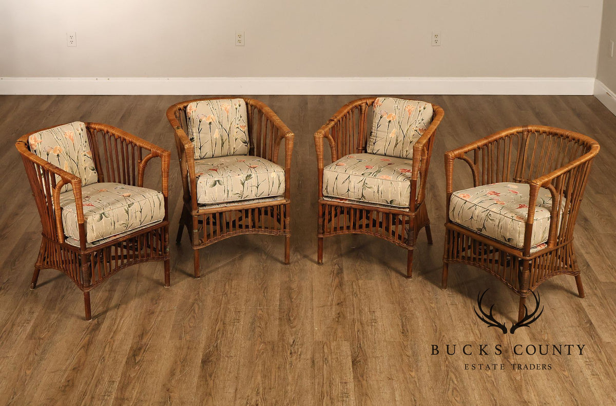 Antique Set Of Four Split Reed Rattan Armchairs With Floral Cushions