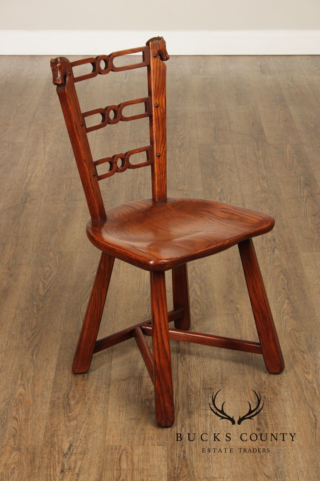 Romweber Set of Six Horse Carved Oak Dining Chairs