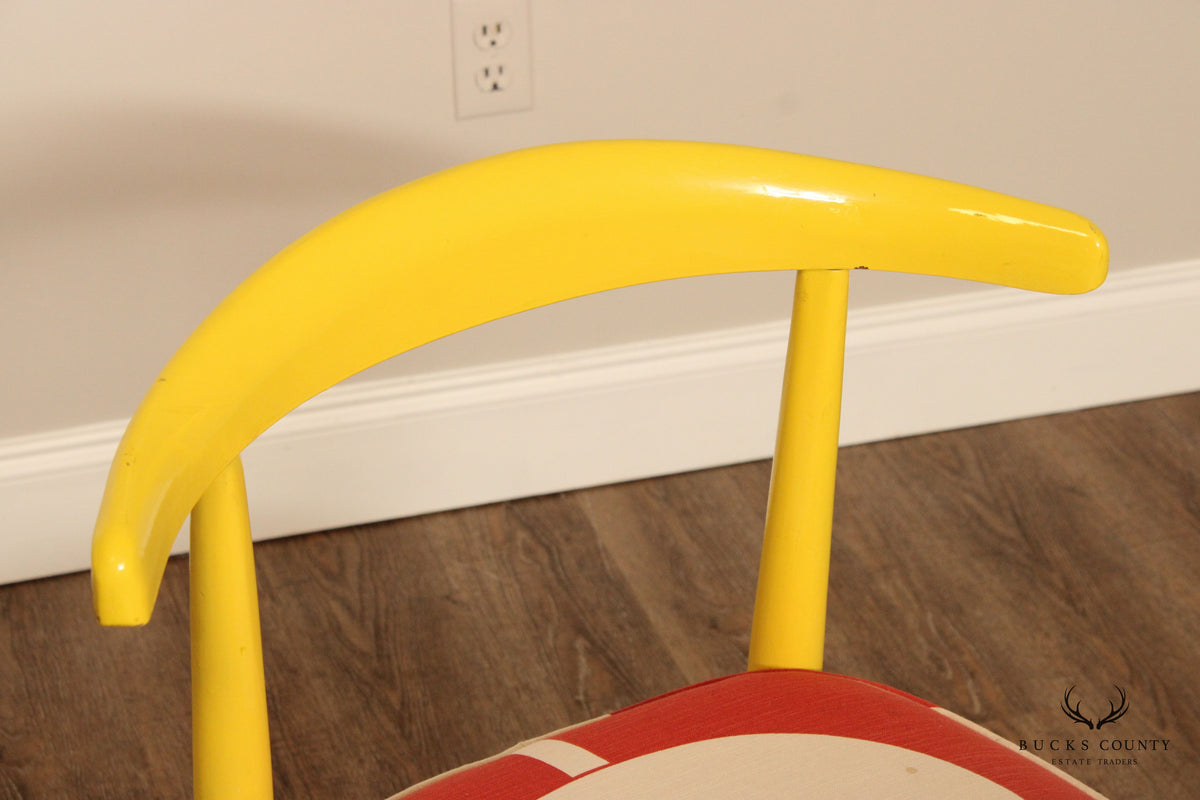 Vintage Mid Century Modern Pair Of Yellow Barrel Back Dining Chairs With Graphic Upholstery