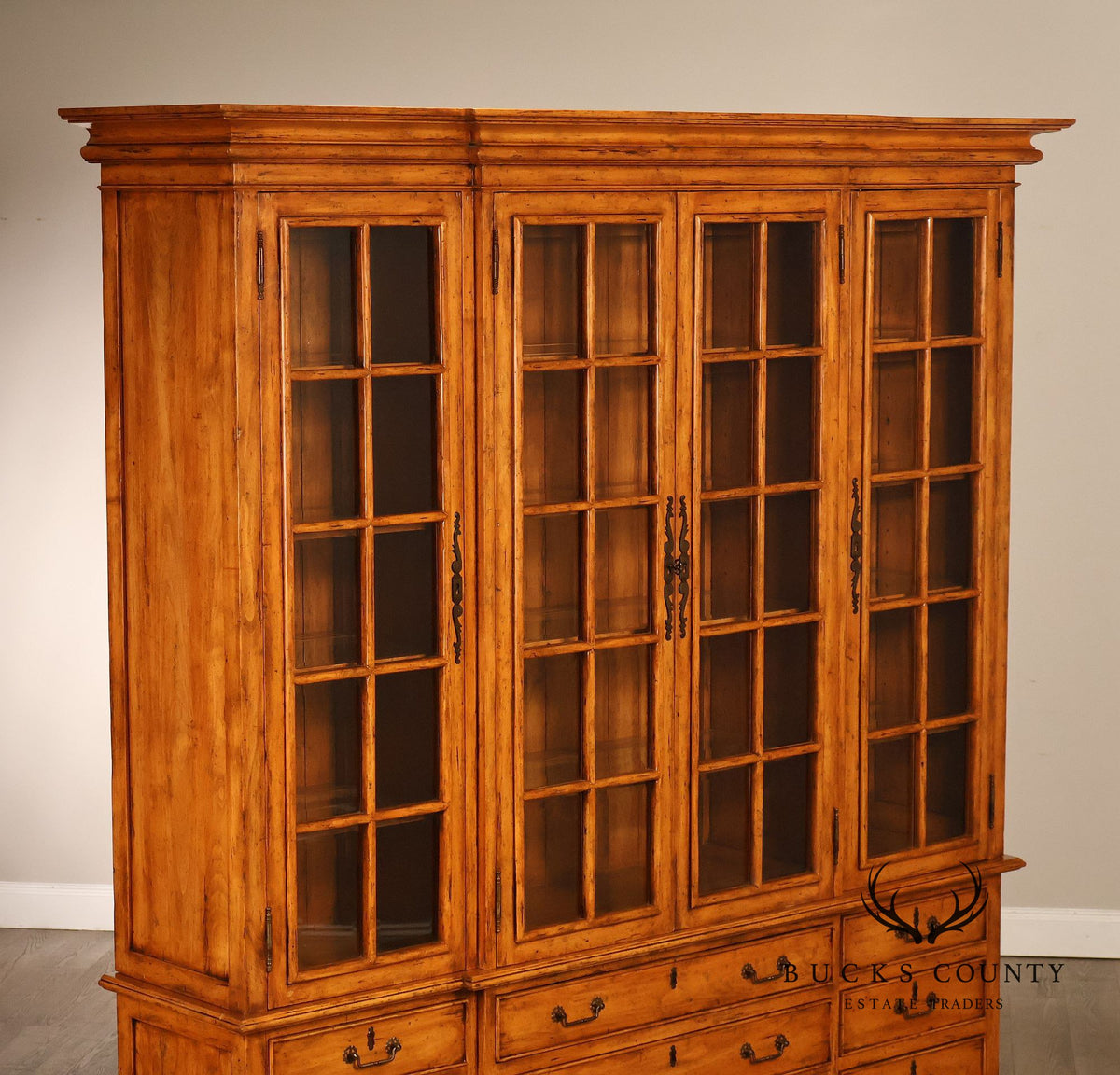 Guy Chaddock Large Rustic Pine Library Bookcase Breakfront With Glazed Doors And Drawers
