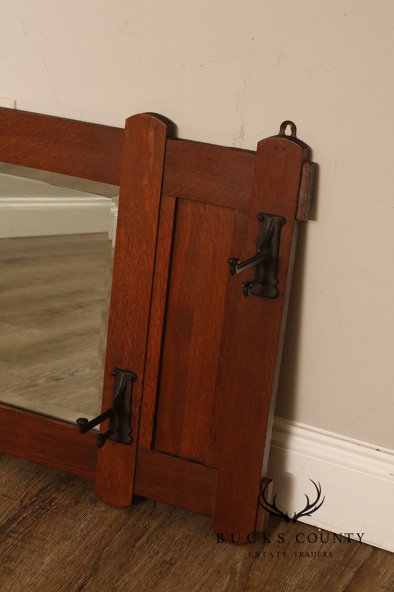 Antique Arts And Crafts Mission Oak Hall Mirror With Coat Hooks