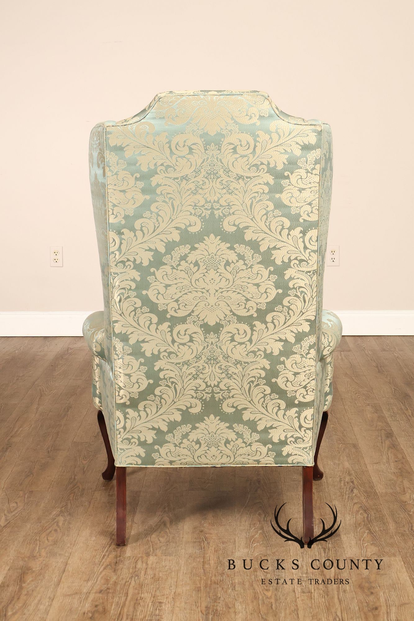 Quality Vintage Pair Of High Back Damask Upholstered Wing Chairs